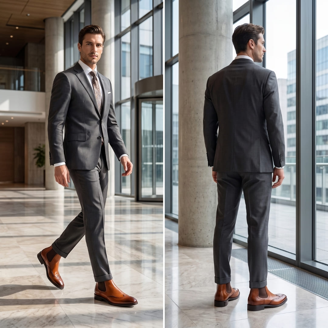 FORCIANO FORTRESS light brown Elevator Boots worn with a gray suit in a formal lifestyle setting, shown from front and rear views.