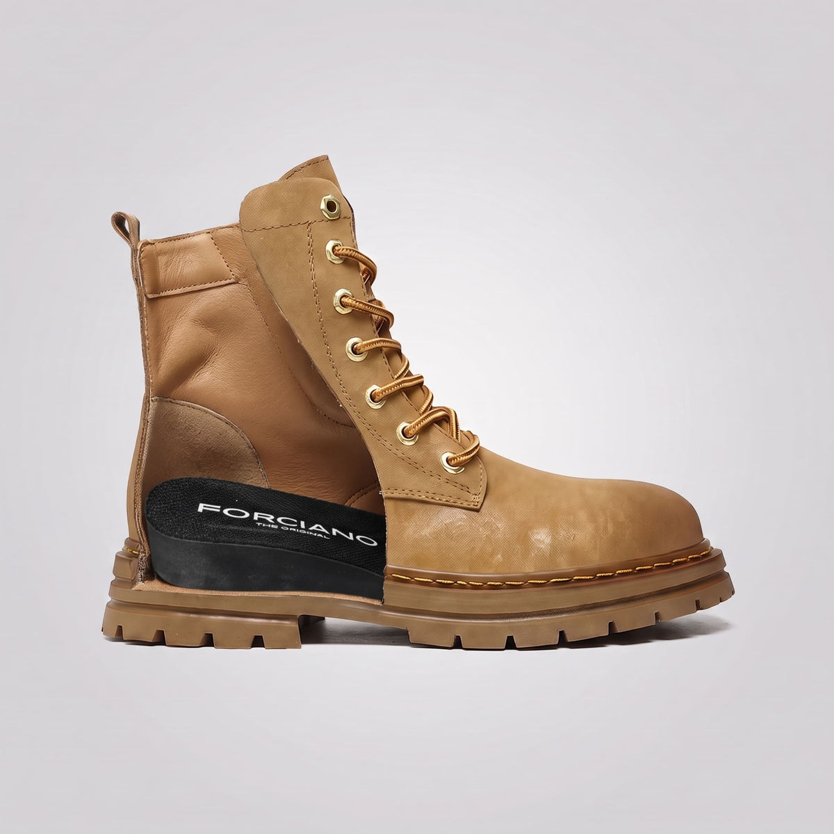 FORCIANO FRONTLINE Boots That Make You Taller in brown premium leather shown in a side cutaway view revealing the internal raised profile.