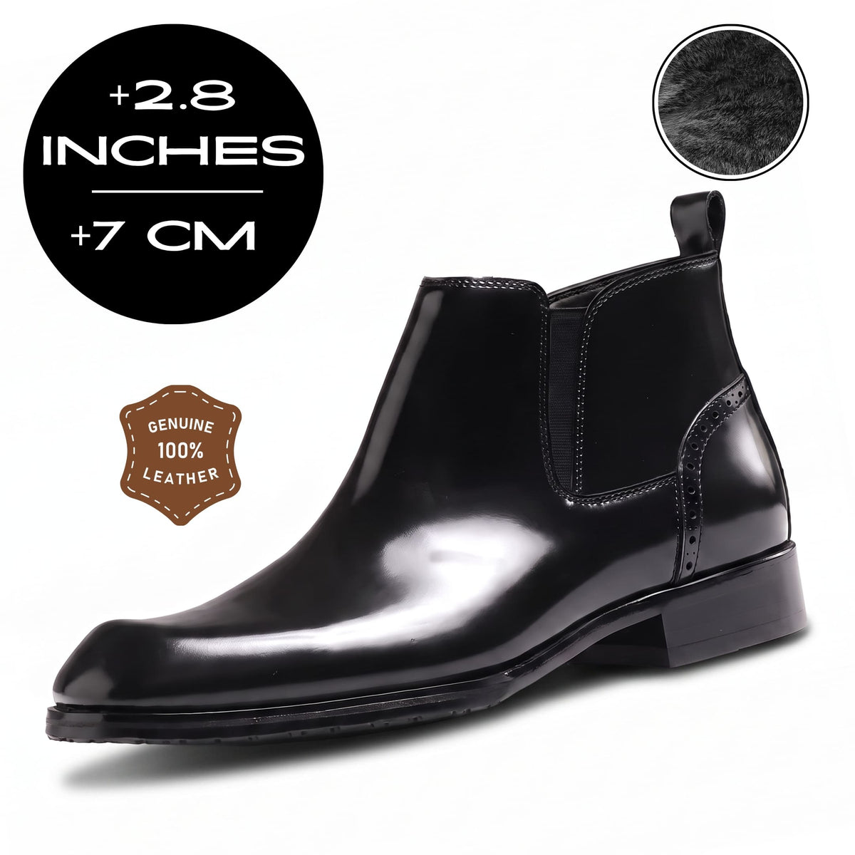 FORCIANO GARDA black with fur Elevator Boots with genuine leather upper and 7 cm / 2.8 inch height increase.