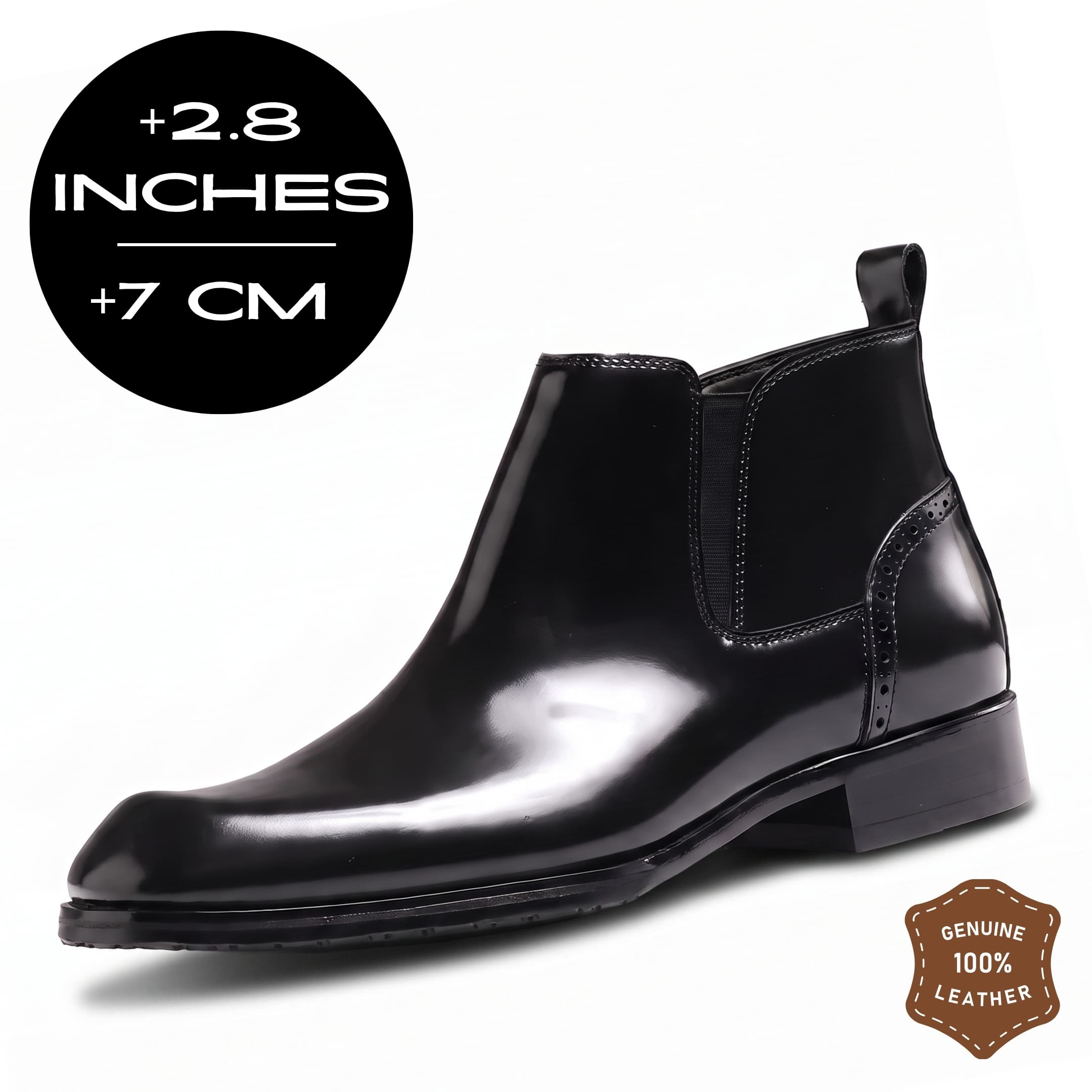 FORCIANO GARDA FOR MEN black elevator boots with genuine leather upper, shown from a front-side angle with 7 cm / 2.8" height graphic.