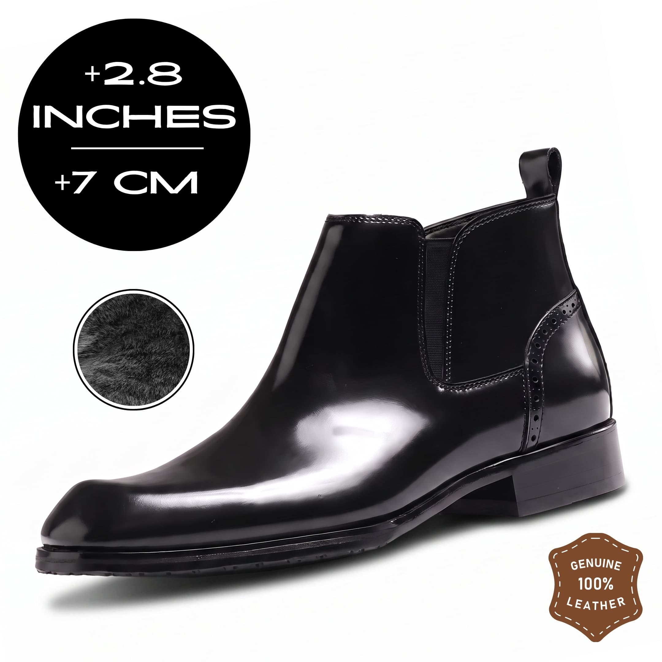 FORCIANO GARDA FOR MEN black elevator boots with genuine leather upper, 7 cm / 2.8" height graphic and visible black fur detail inset.