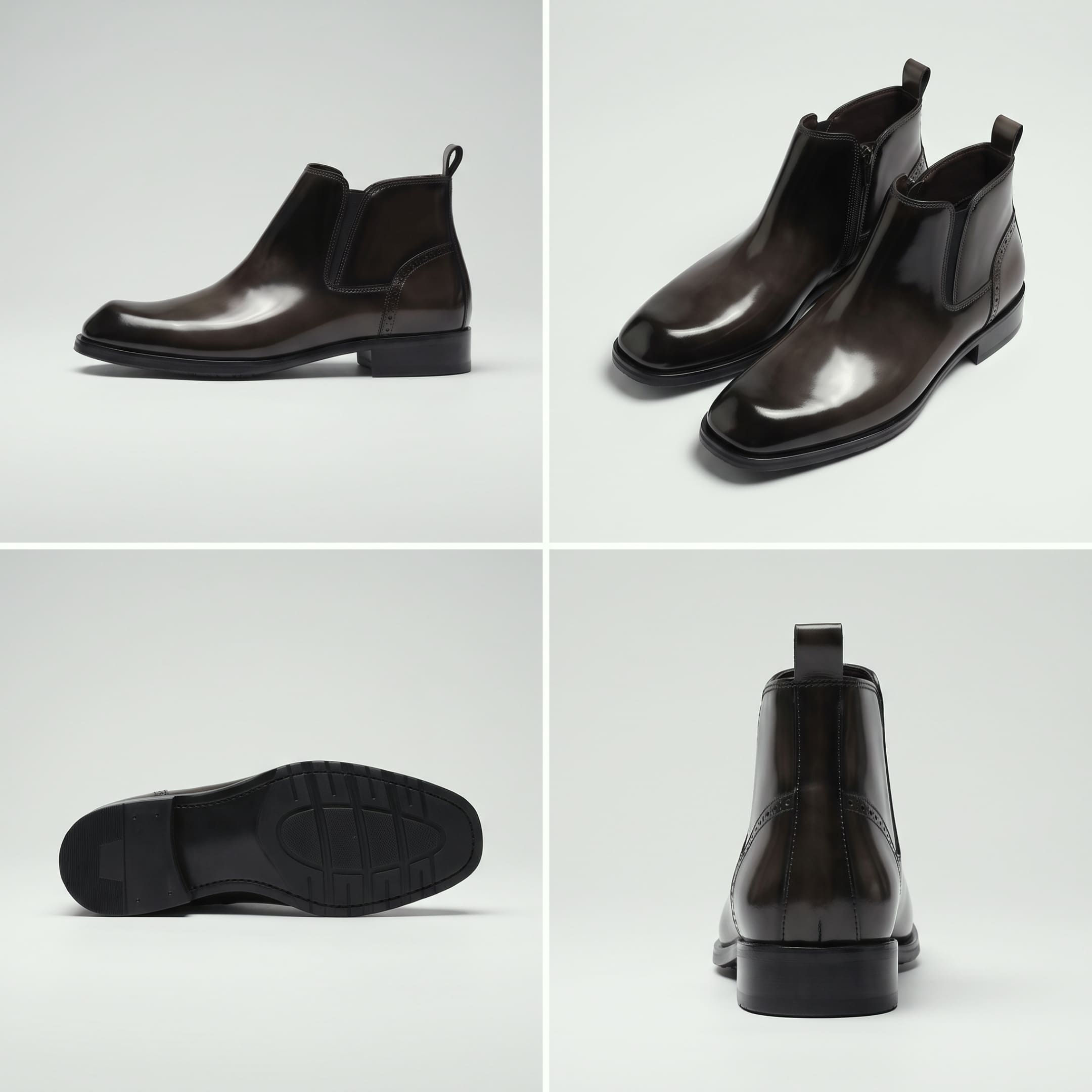 FORCIANO GARDA FOR MEN brown elevator boots with genuine leather upper shown in a four-view collage with side, pair, outsole and rear views.