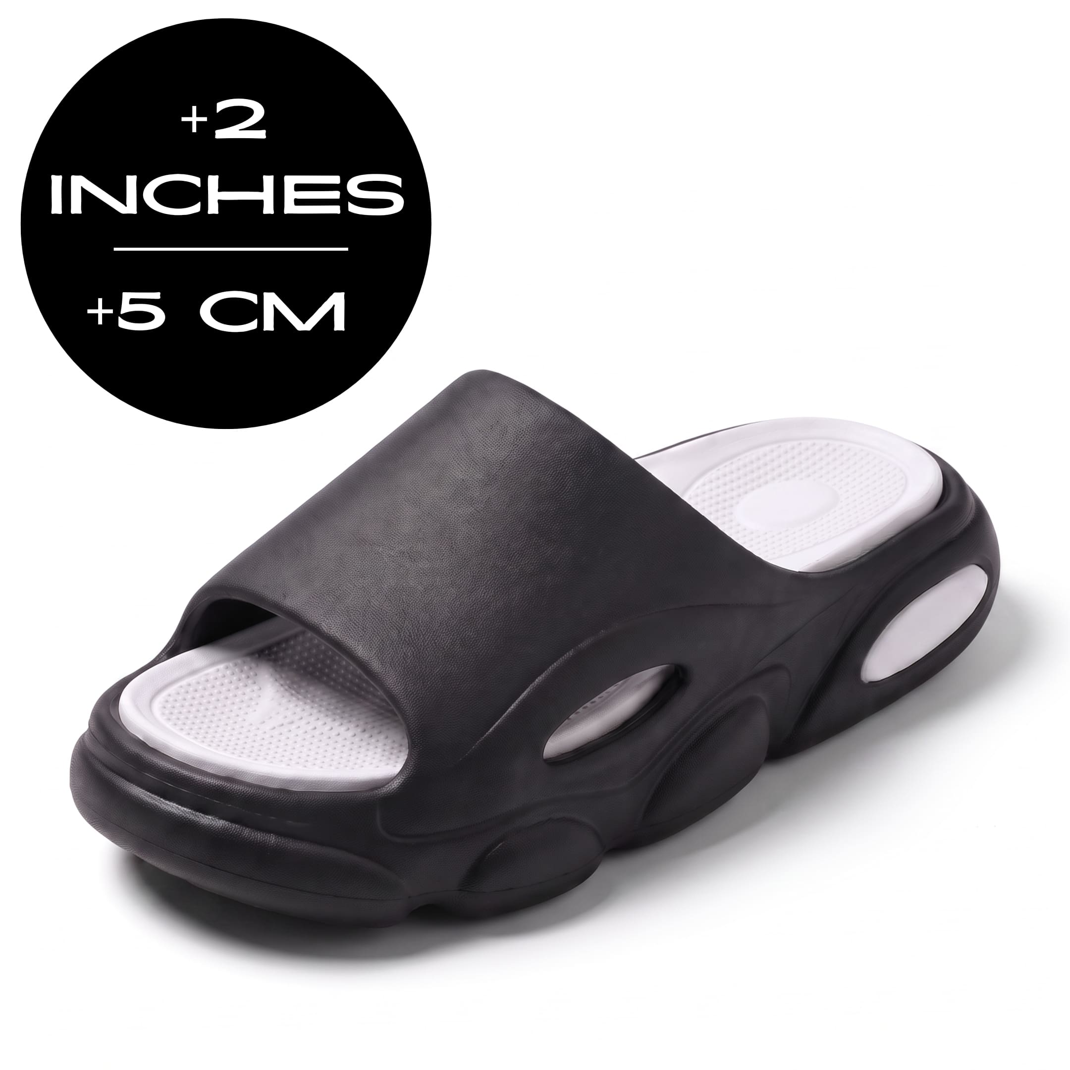 FORCIANO GLOW Height Increasing Slippers for Women in black and white with ultra-soft EVA construction, shown at a front angle with 5 cm / 2 inches height graphic.