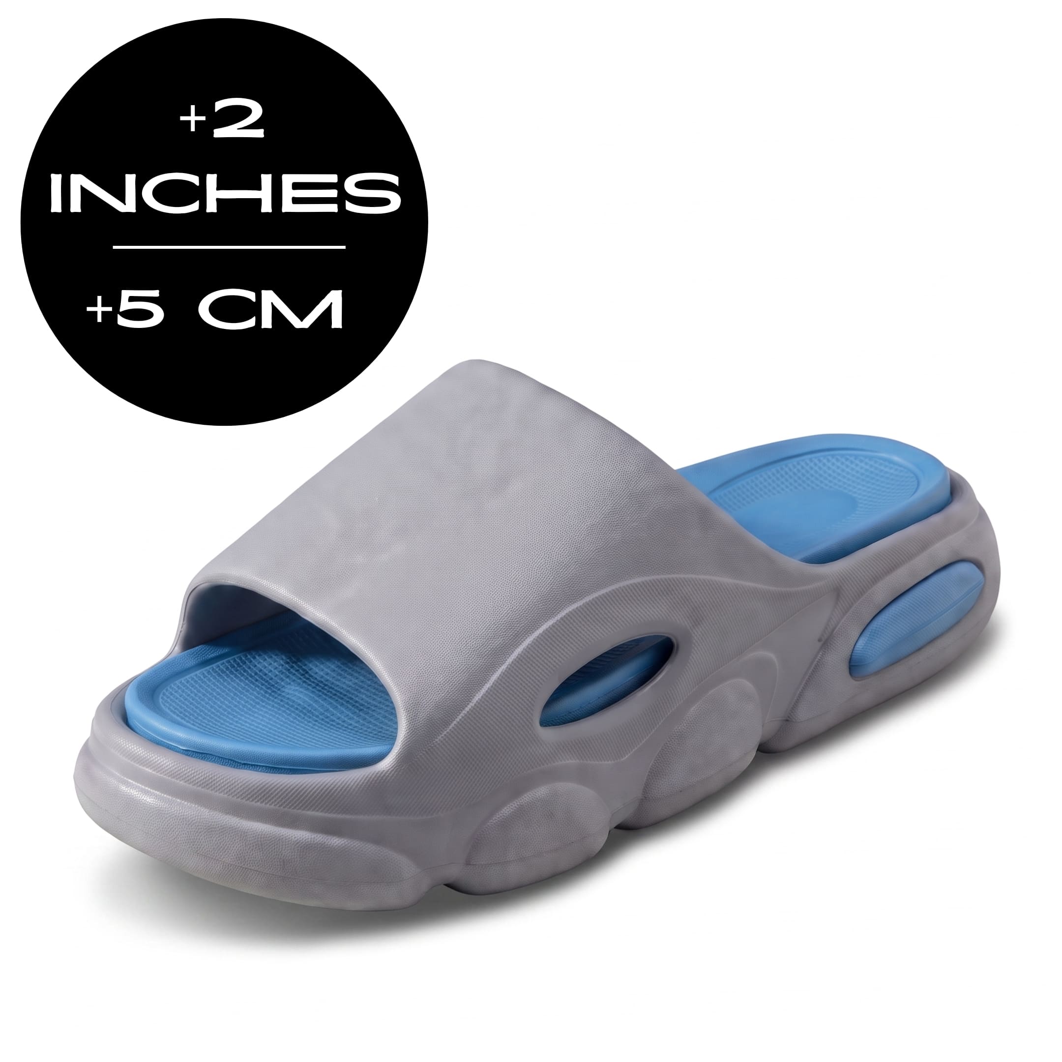 FORCIANO GLOW Height Increasing Slippers for Women in grey and blue with ultra-soft EVA construction, shown at a front angle with 5 cm / 2 inches height graphic.