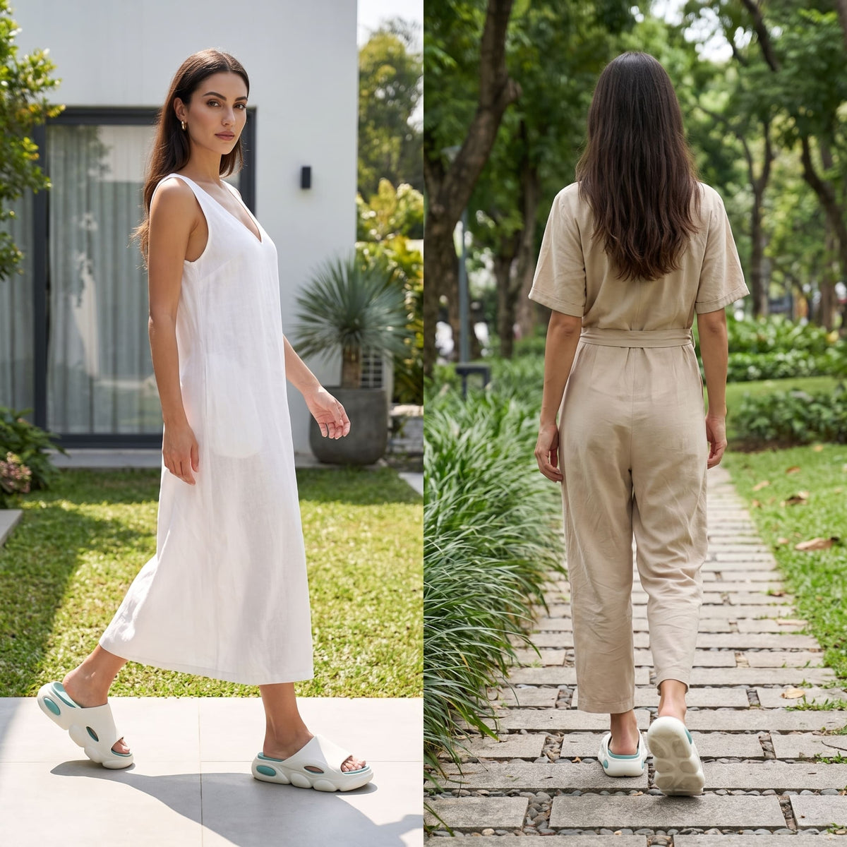 FORCIANO GLOW white and green Height Increasing Slippers for Women worn outdoors, shown in front walking and rear walking lifestyle views.