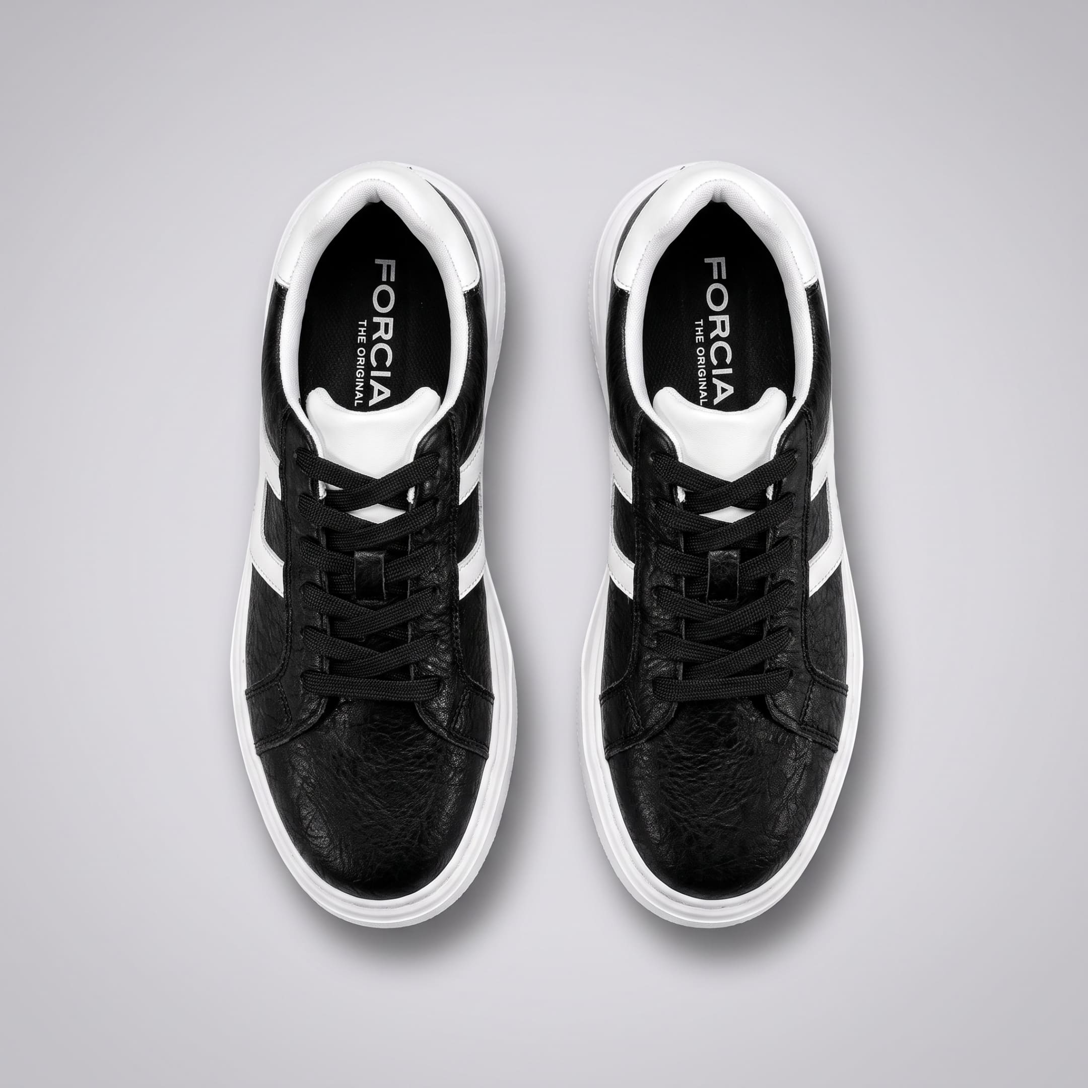 FORCIANO HERCULES black premium leather Height Increasing Sneakers shown as a pair from above with black laces, white accents, and black insoles.