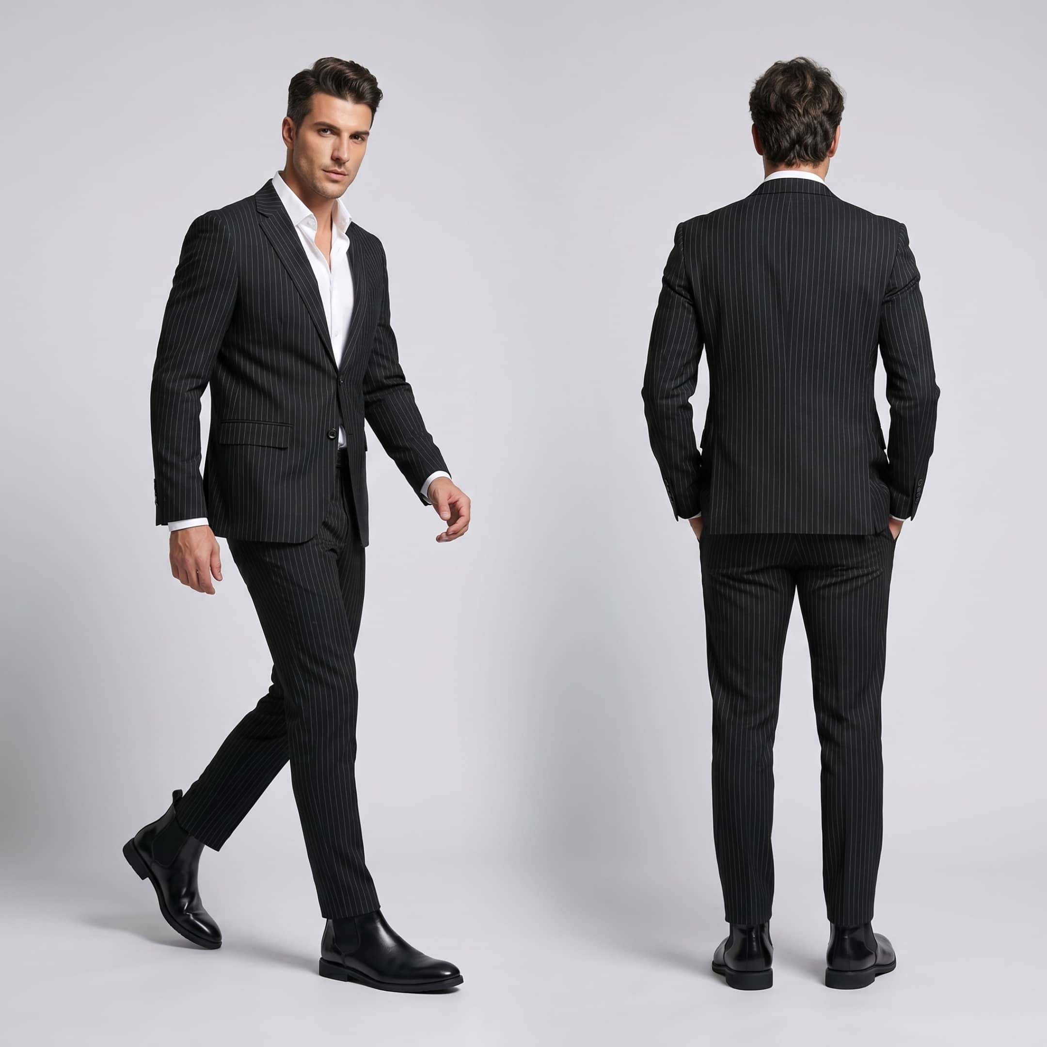 FORCIANO LUXOR black leather elevator boots worn with a black pinstripe suit in a formal lifestyle setting.