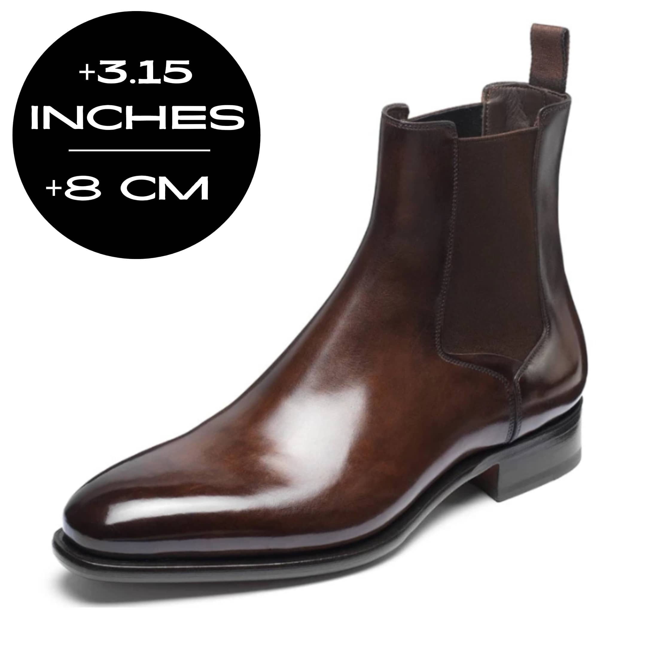 FORCIANO LUXOR brown leather elevator boots with up to 8 cm / 3.15" height increase shown at an angled view.
