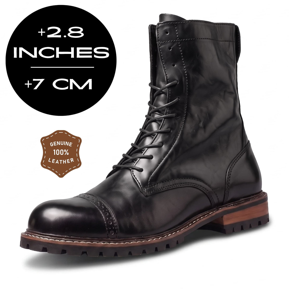 FORCIANO MARSHAL black height increasing boots with genuine leather upper and 7 cm / 2.8 inches height increase graphic.