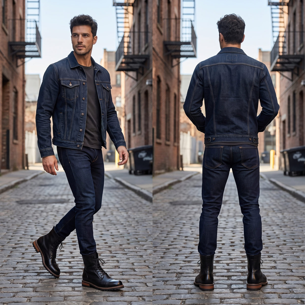 FORCIANO MARSHAL black height increasing boots with genuine leather uppers worn with dark denim in front and rear lifestyle views.