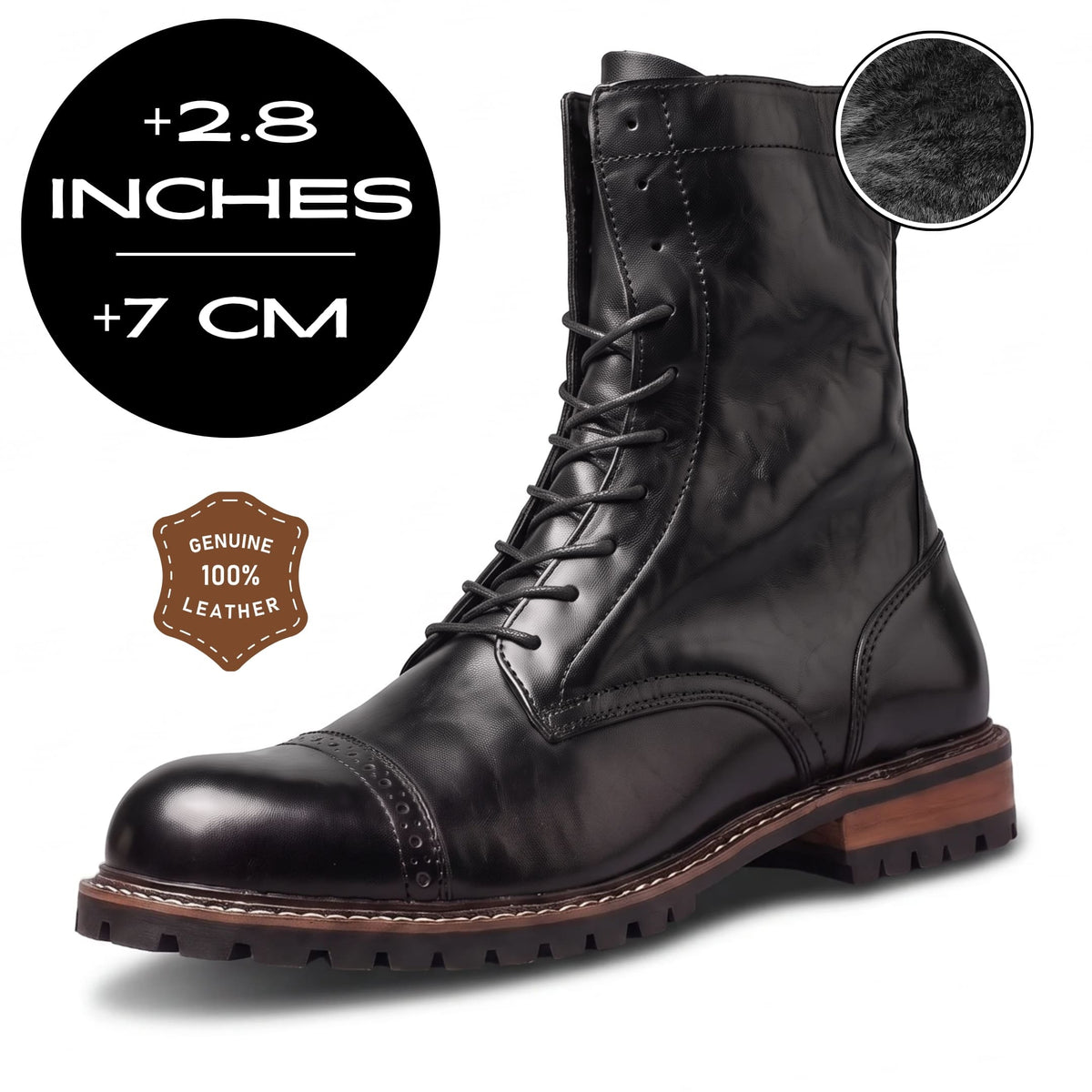 FORCIANO MARSHAL black velvet height increasing boots with genuine leather upper, 7 cm / 2.8 inches height graphic and lining detail inset.