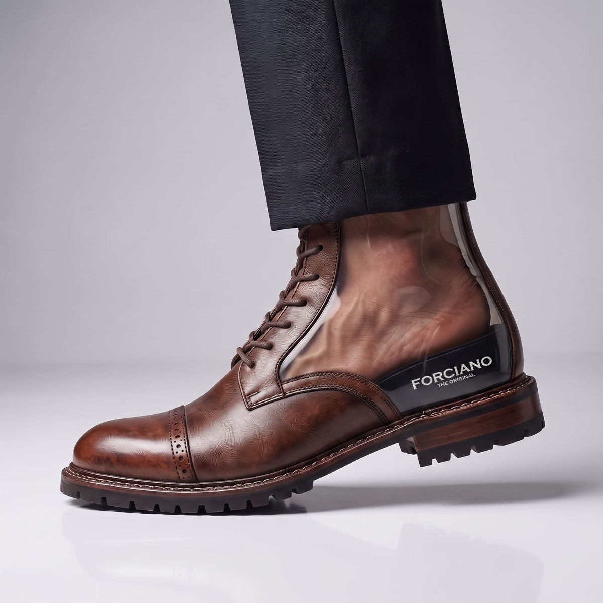 FORCIANO MARSHAL brown height increasing boots with genuine leather upper shown worn with a transparent side view revealing the internal lift.
