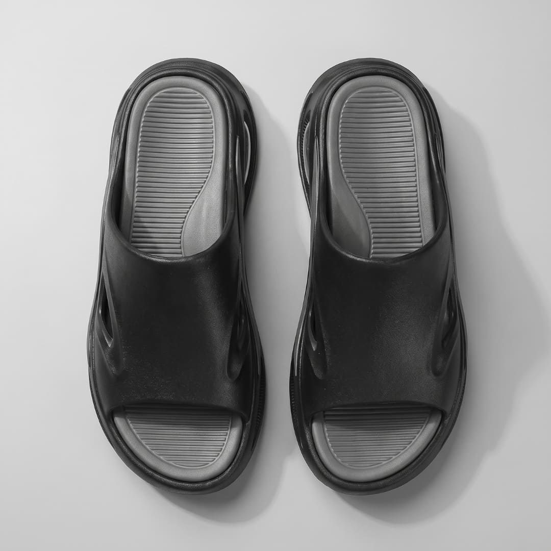 Pair of black and gray FORCIANO MAVERICK Height Increasing Shoes shown from an overhead view with gray textured footbeds.