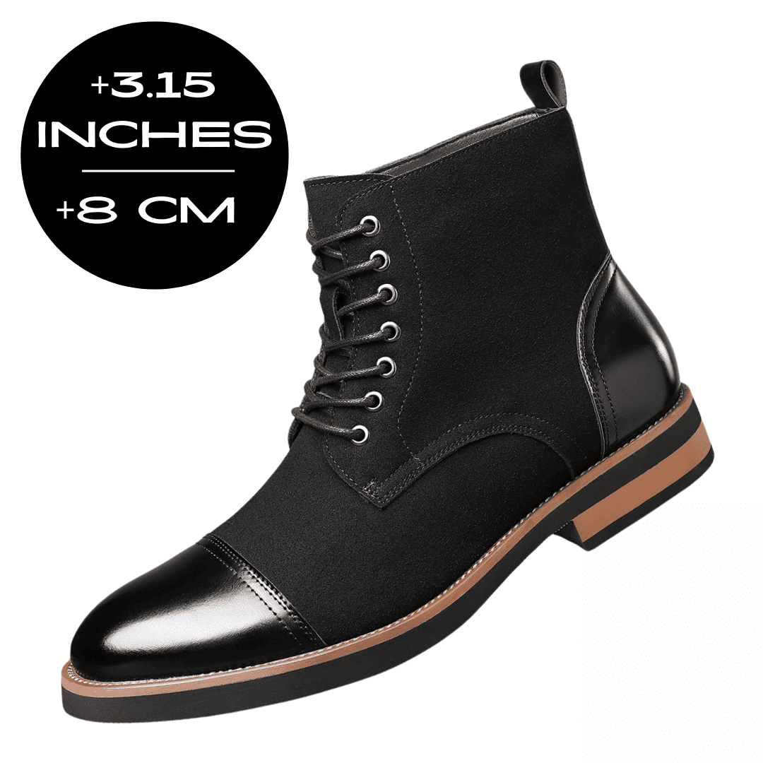 FORCIANO MERIDIAN black elevator boot shown from a front three-quarter angle with an 8 cm / 3.15 inches height increase graphic.