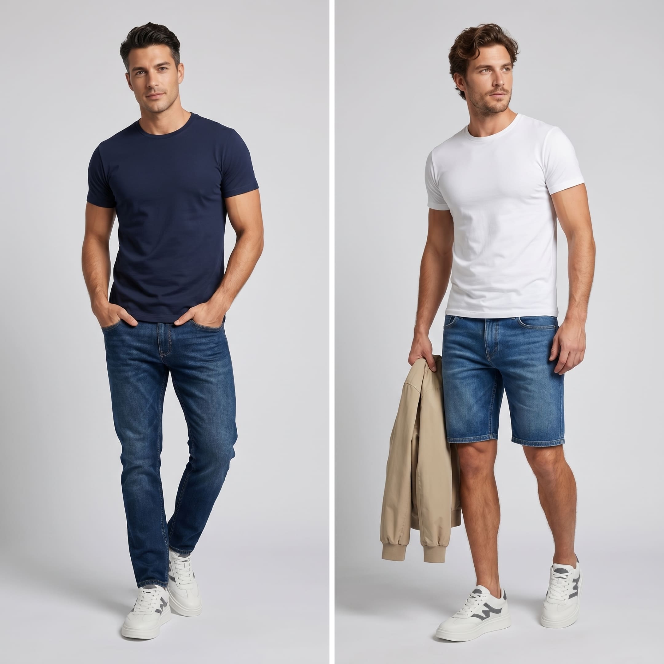 FORCIANO MILANO white elevator sneakers with leather upper shown worn in two casual male lifestyle looks with jeans and shorts.