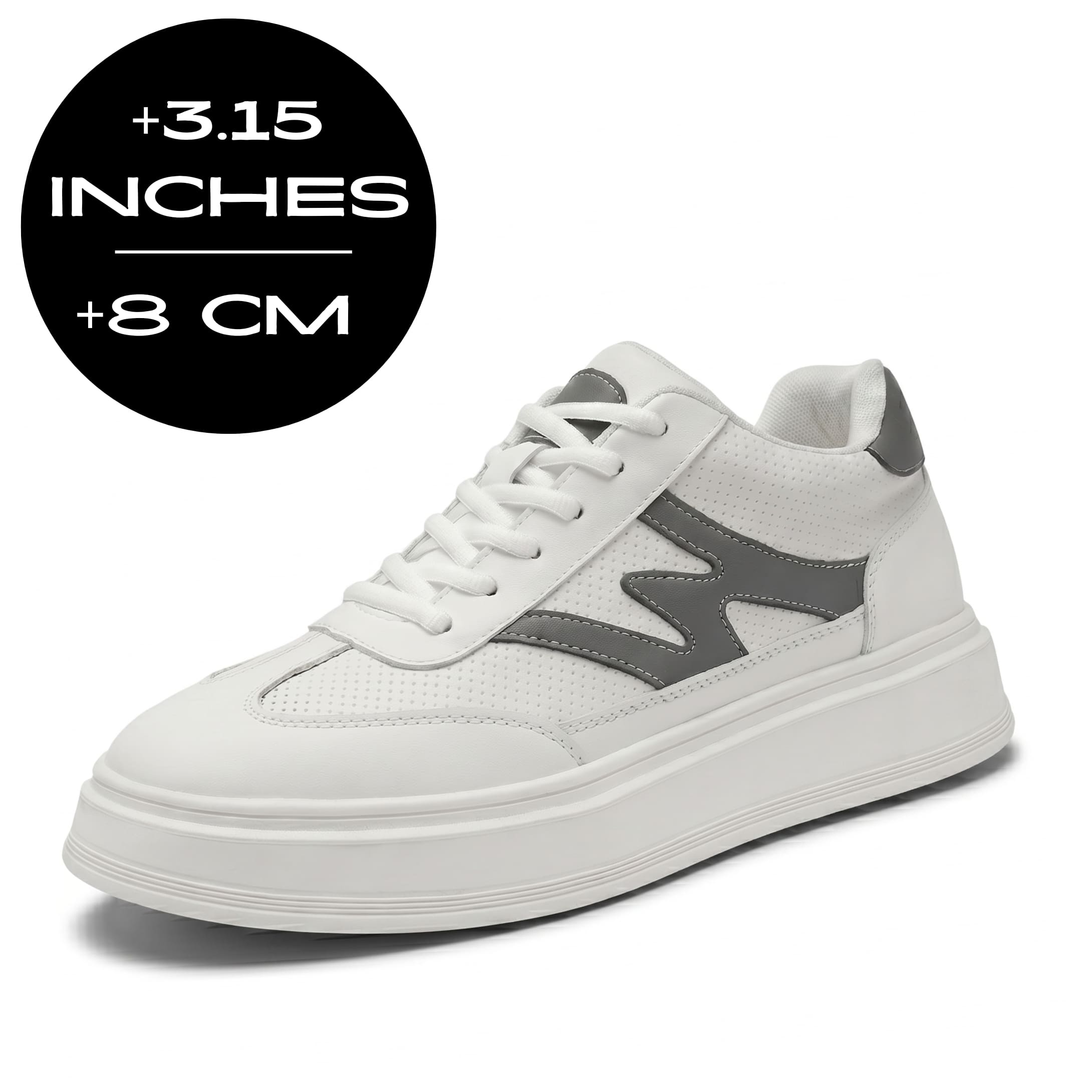 FORCIANO MILANO white height increasing sneakers with leather upper shown with an 8 cm / 3.15" height increase graphic.