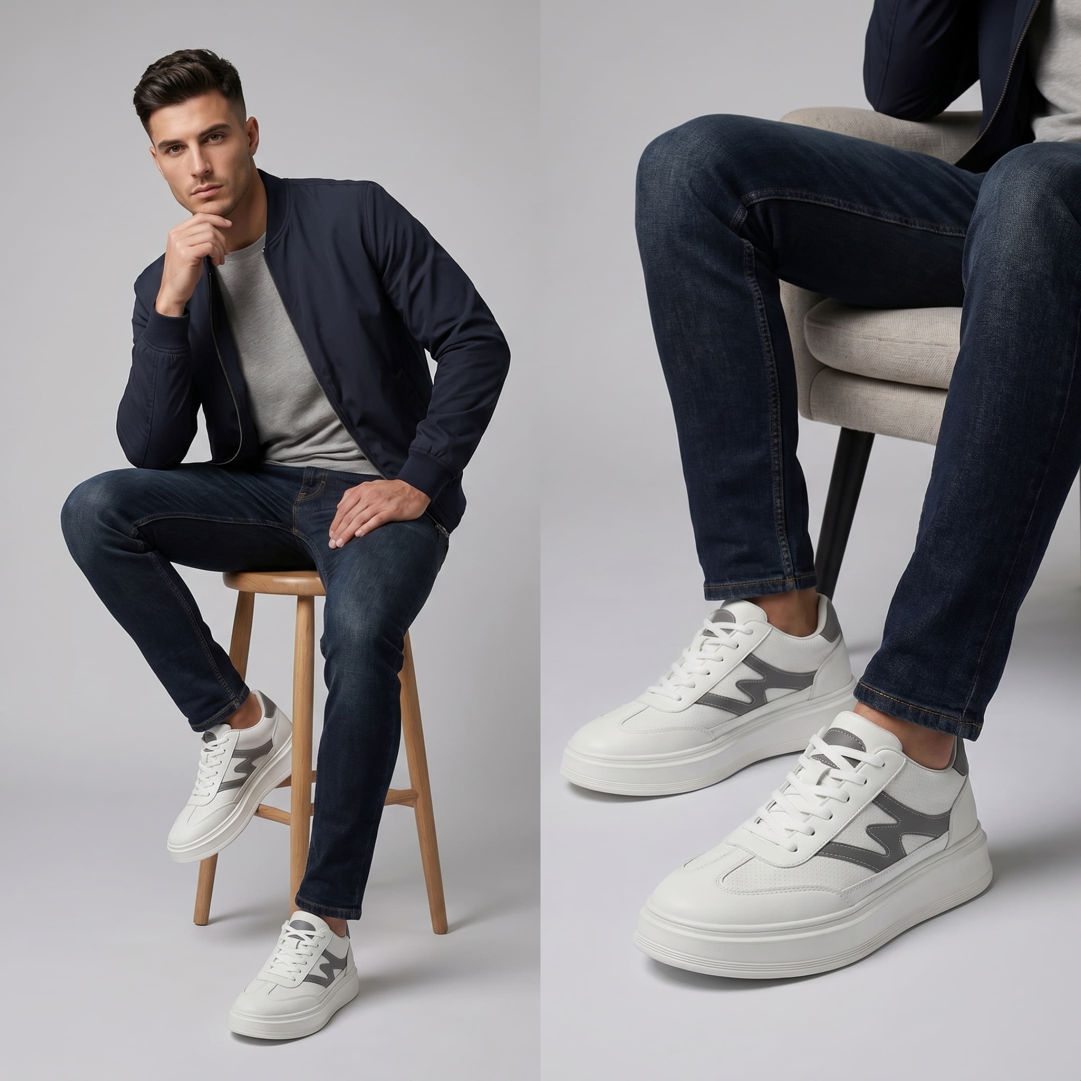 FORCIANO MILANO white height increasing sneakers with leather upper shown worn by a seated male model in a two-panel casual lifestyle view.