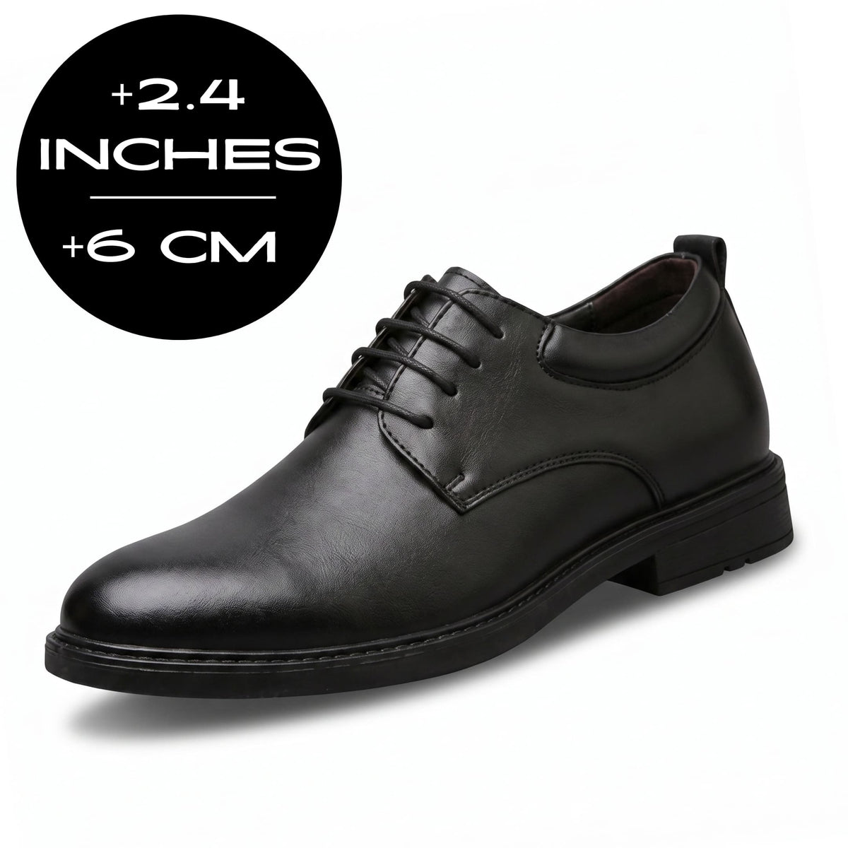 FORCIANO MOMENTUM black Elevator Dress Shoes shown from a front three-quarter angle with 6 cm / 2.4 inches height graphic.
