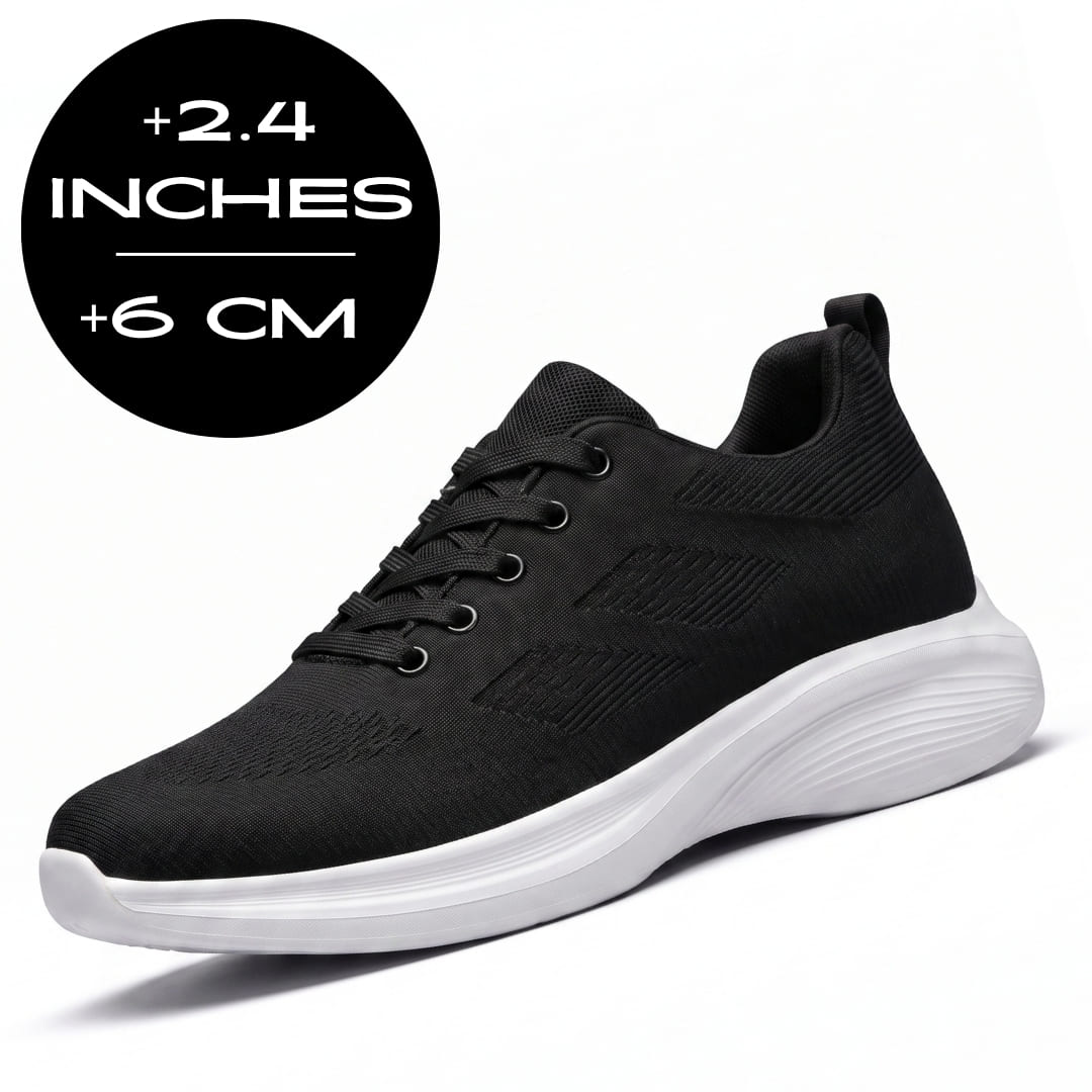 FORCIANO MONACO Height Increasing Sneakers in black with a white sole, front three-quarter view with air mesh upper and 2.4 inches / 6 cm height graphic.
