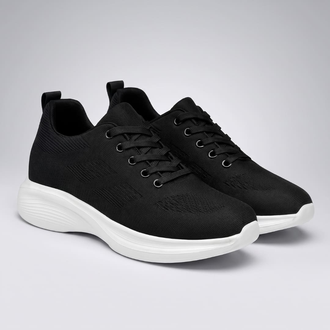 FORCIANO MONACO Height Increasing Sneakers in black, pair at a front three-quarter angle featuring air mesh uppers and white soles.