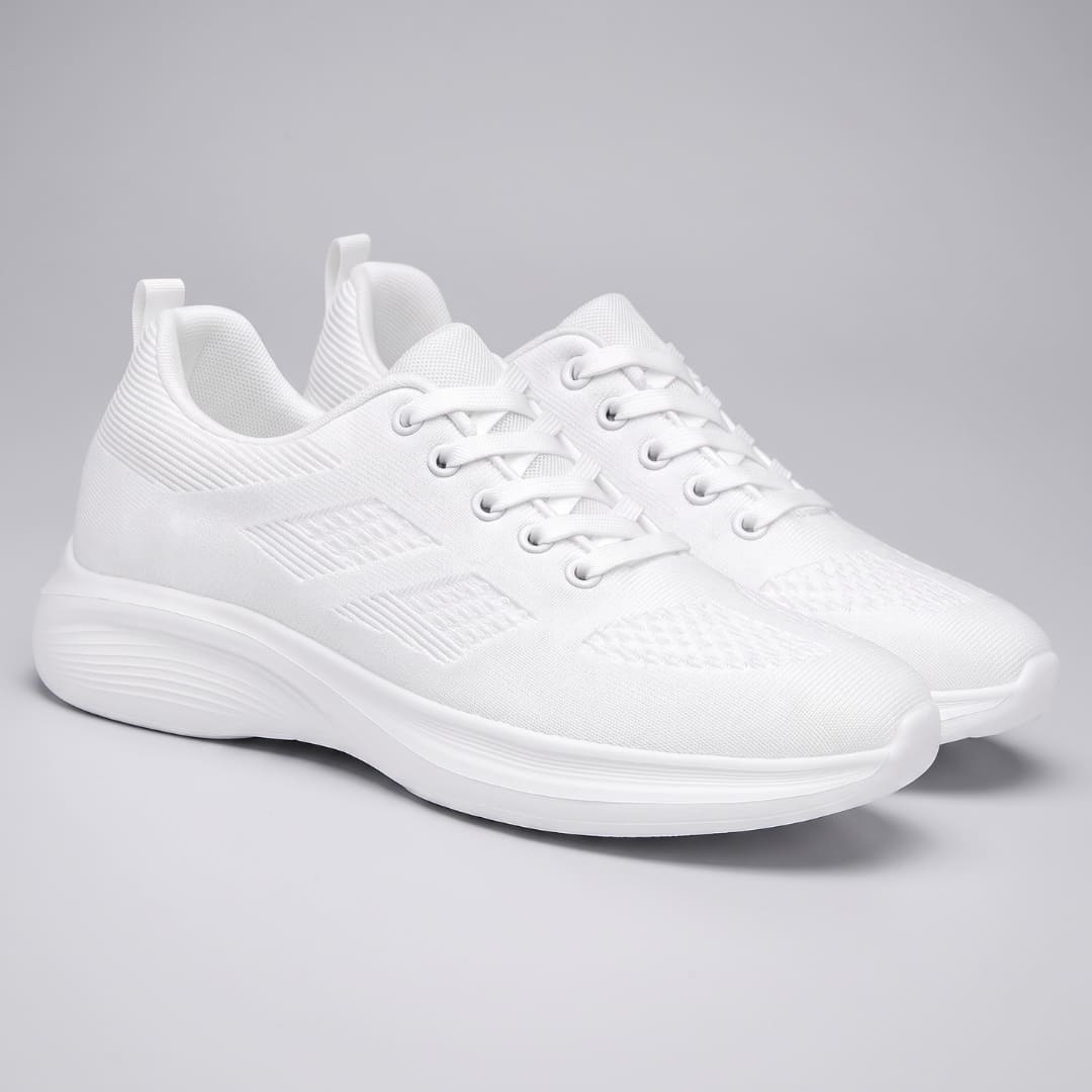 FORCIANO MONACO Height Increasing Sneakers in white, pair shown from a front three-quarter angle with air mesh uppers and white soles.
