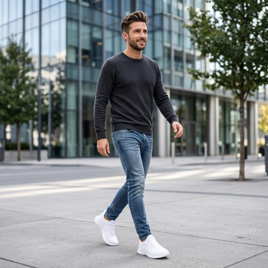 FORCIANO MONACO Height Increasing Sneakers in white with air mesh uppers, shown worn by a model walking outdoors in a casual lifestyle setting.