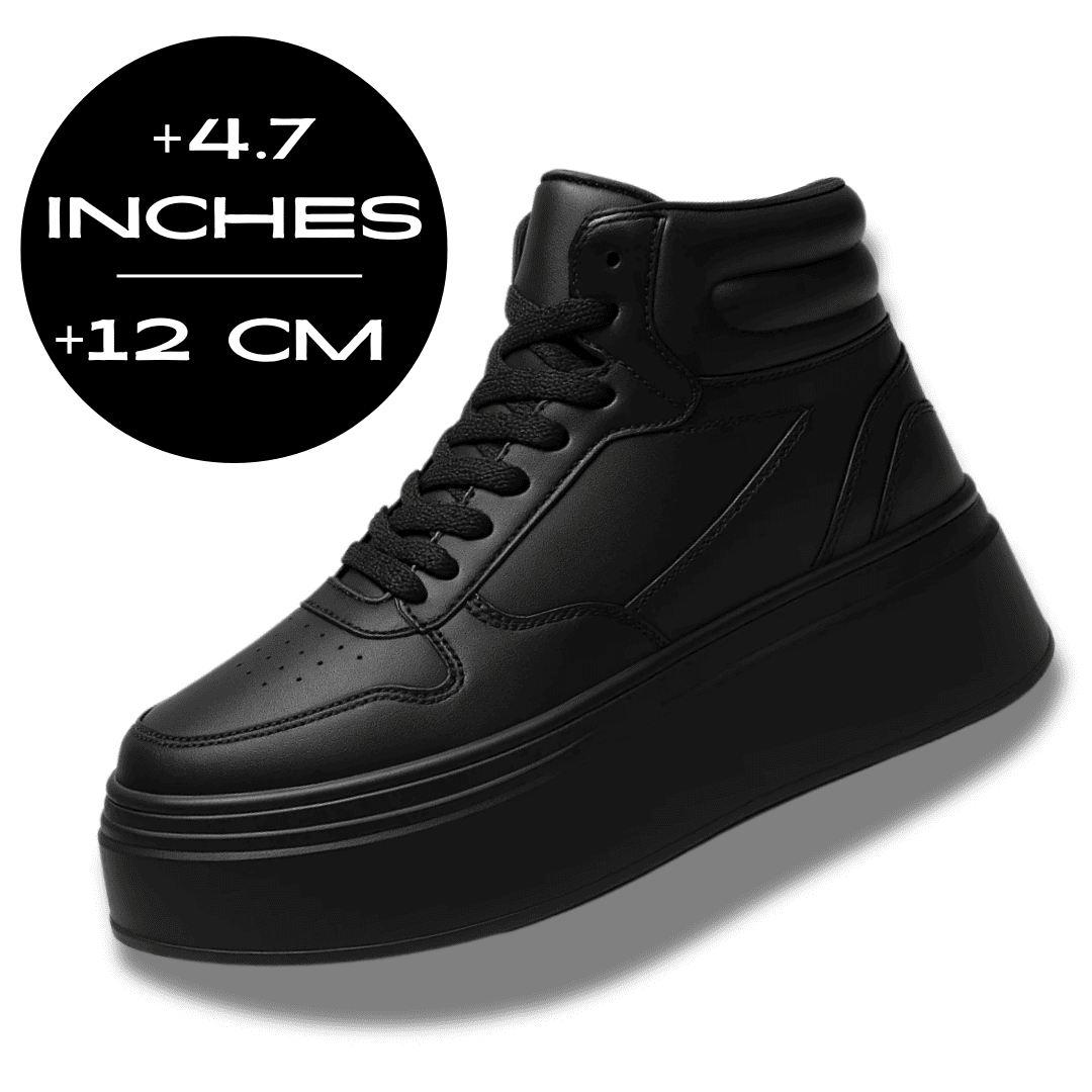 FORCIANO MONARCH black height increasing sneakers shown as a single high-top shoe from a front three-quarter angle with a 12 cm / 4.7 inches height graphic.