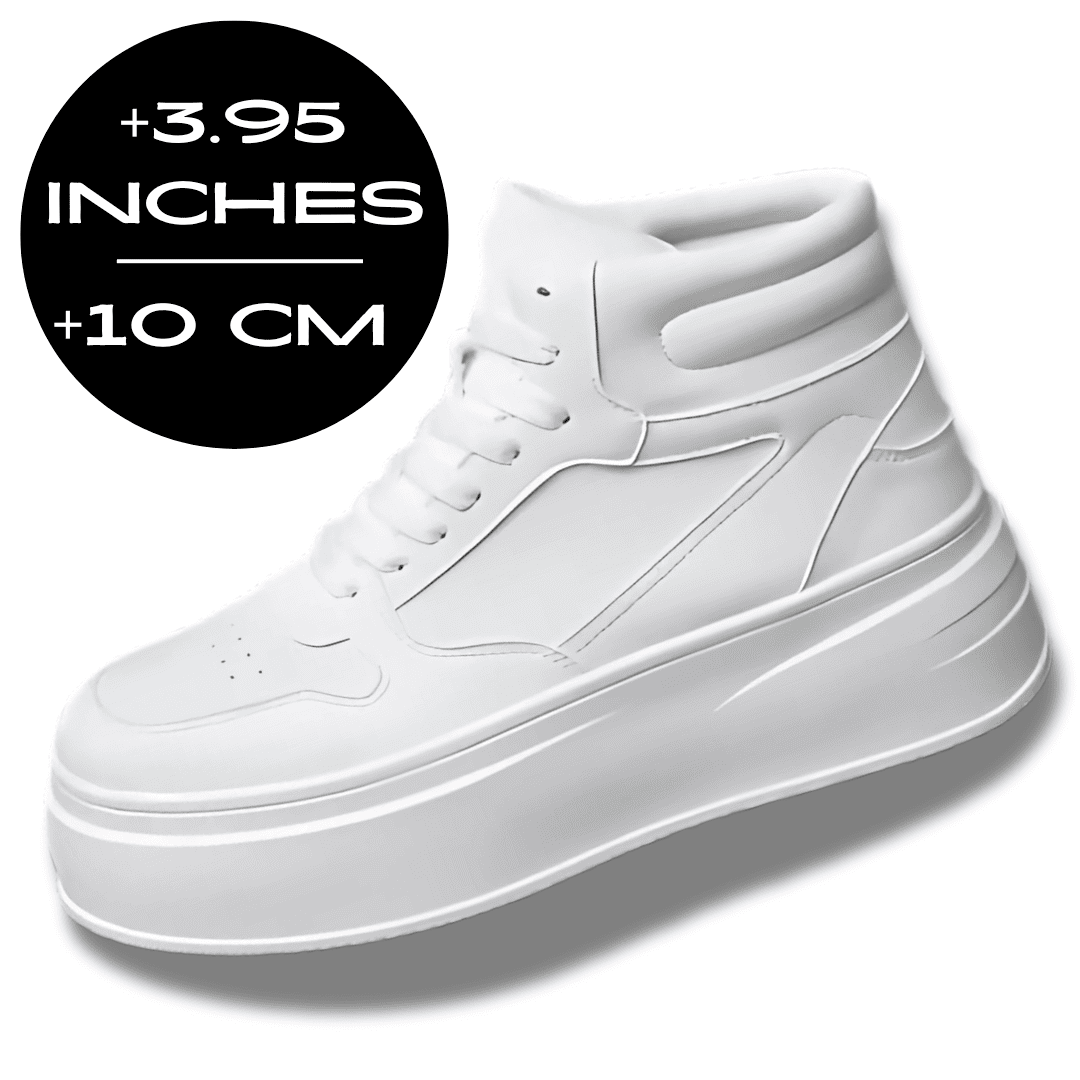 FORCIANO MONARCH white height increasing sneakers displayed from a front three-quarter angle with a 10 cm / 3.95 inches height graphic.