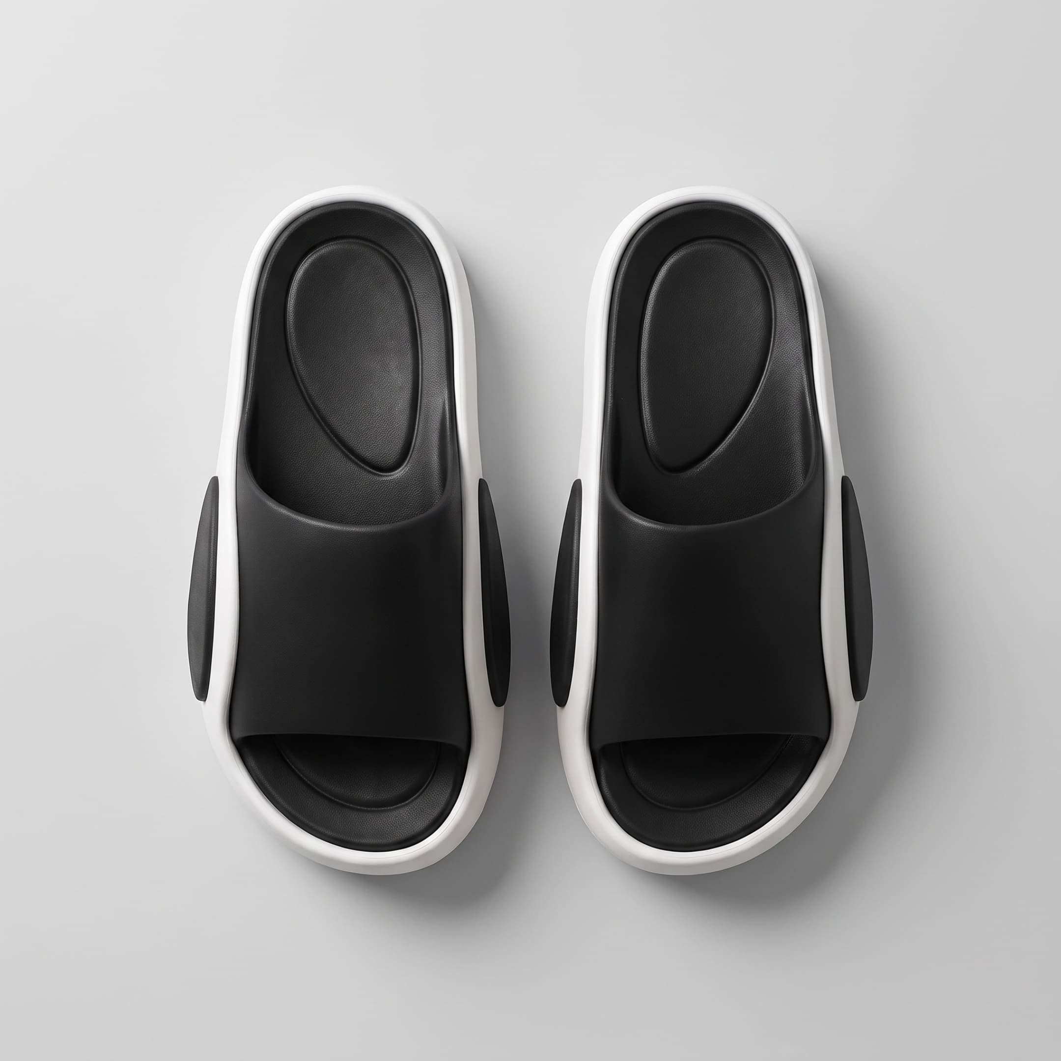 FORCIANO NEXUS black and white EVA sandals displayed as a pair from above, showing the black footbeds of the Height Boosting Shoes.