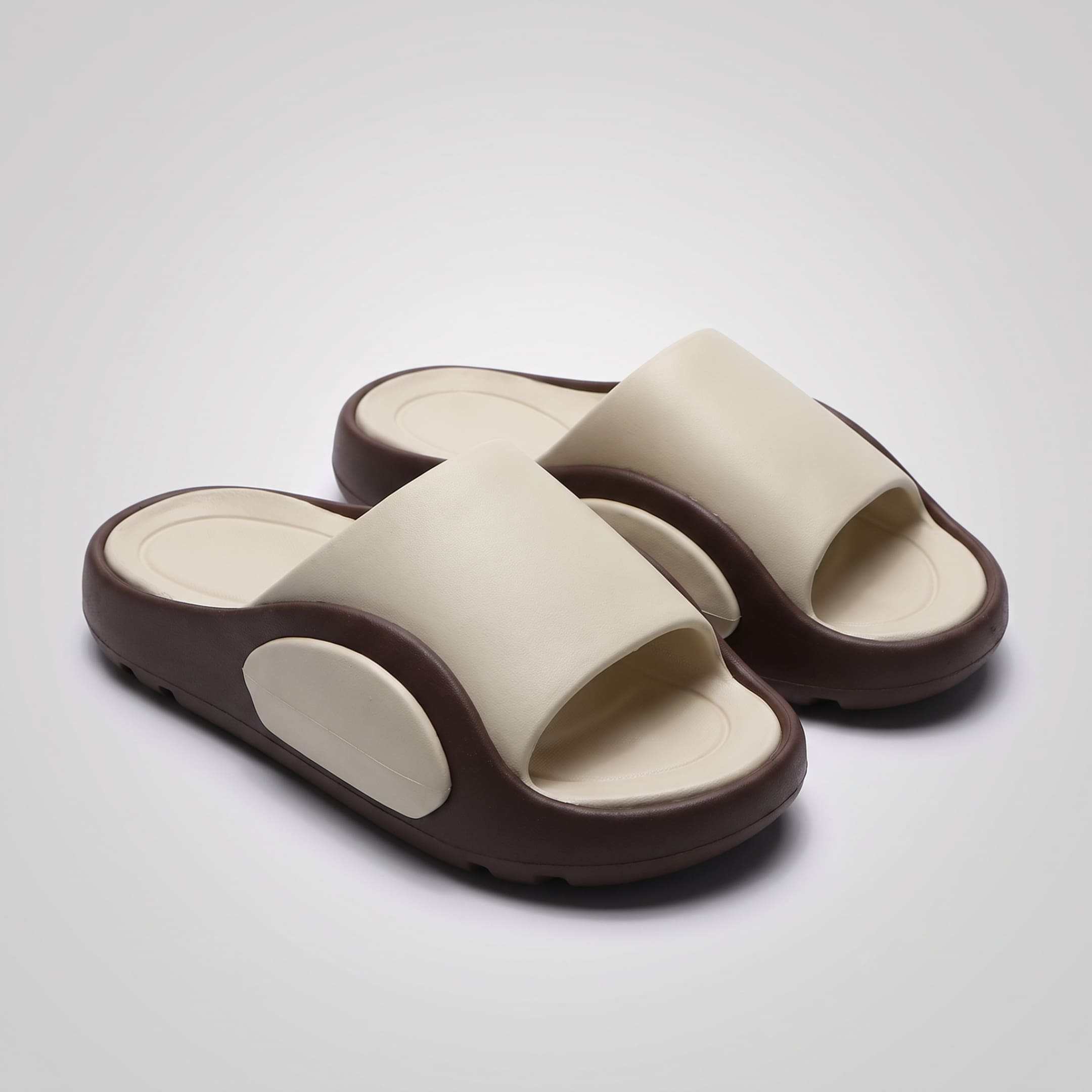 Pair of FORCIANO NEXUS khaki EVA sandals shown from a front three-quarter angle, presenting the Height Boosting Shoes together.
