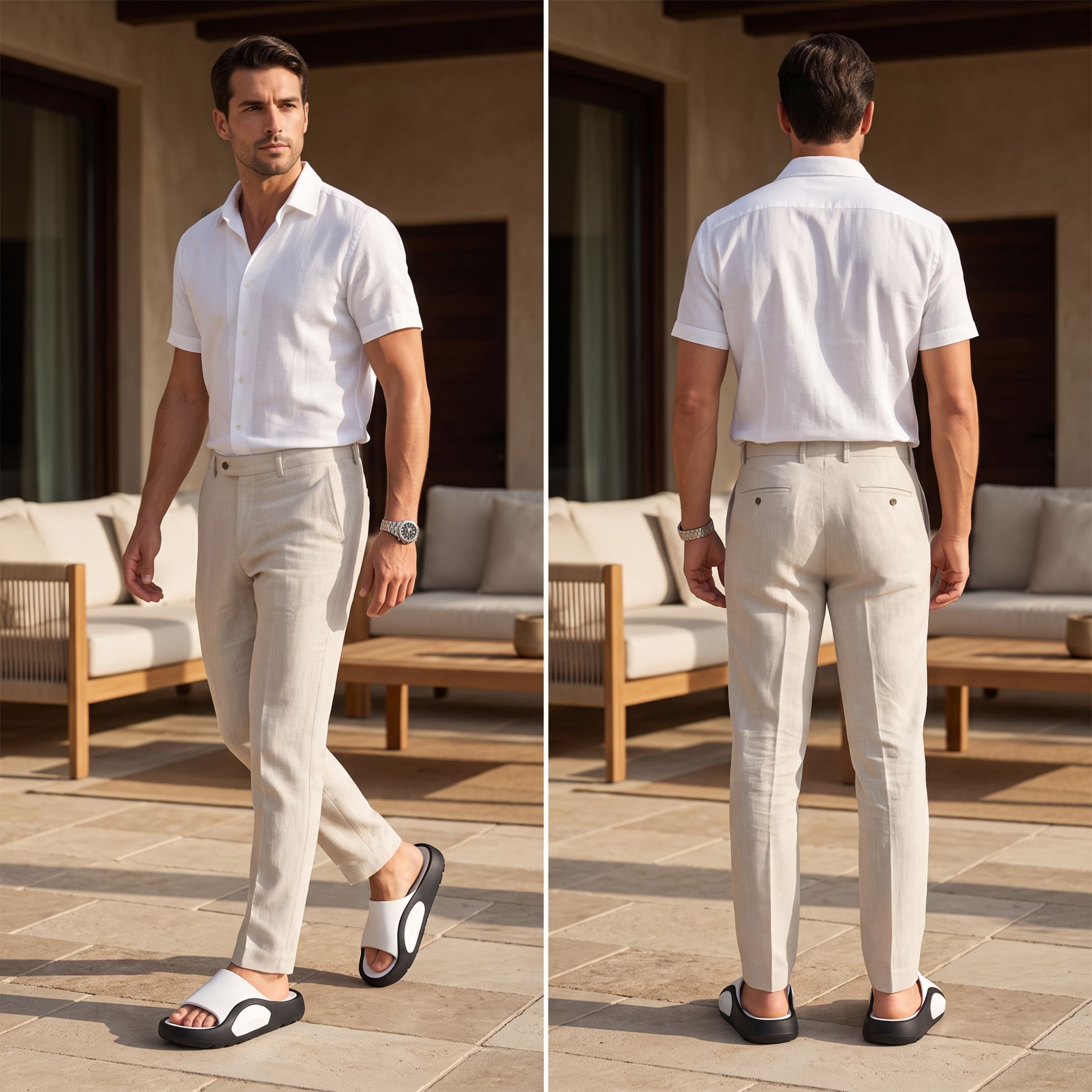 FORCIANO NEXUS white and black EVA sandals worn by a man in split front and rear outdoor lifestyle views, showing the Height Boosting Shoes while walking.