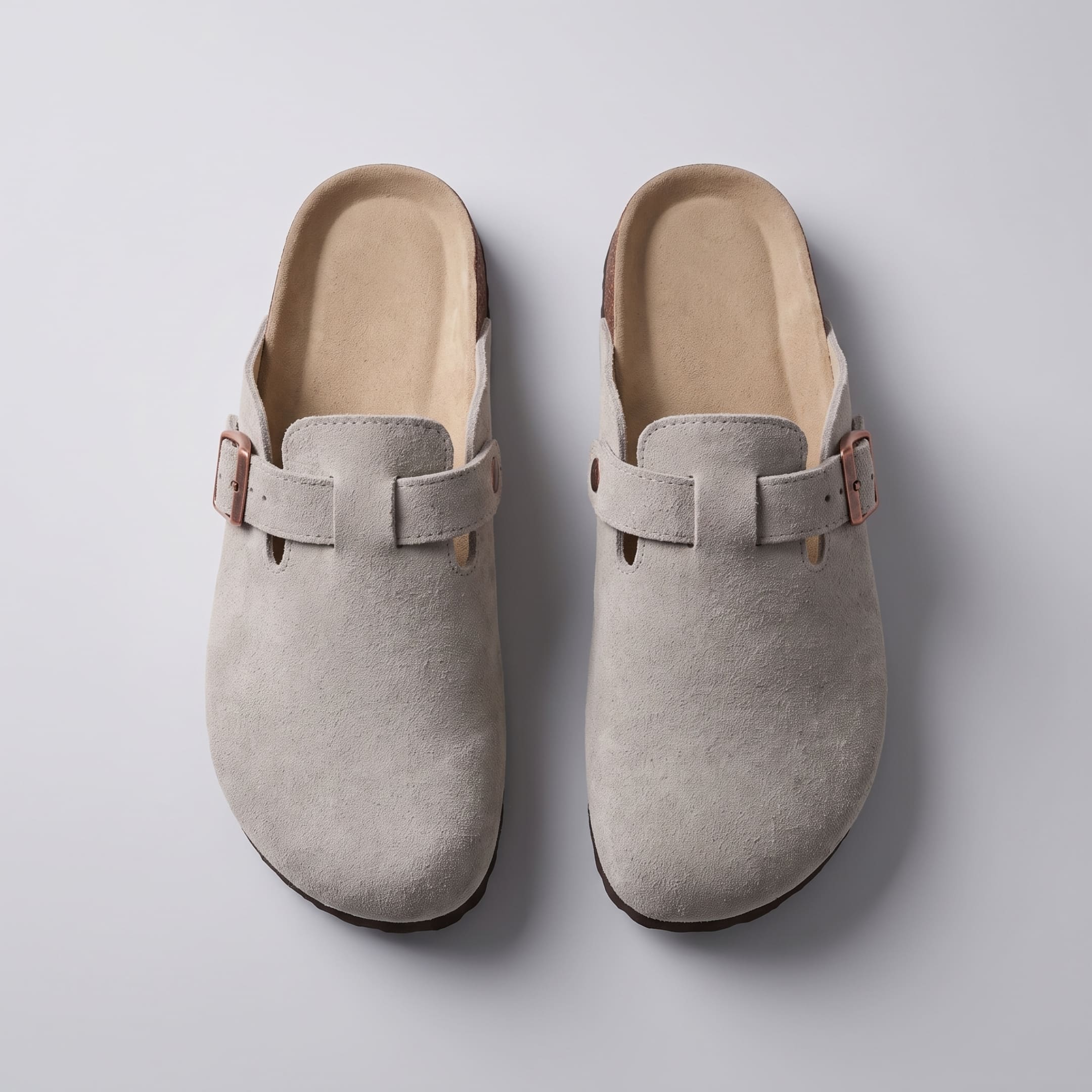 FORCIANO NOMAD Light Gray premium suede height increasing slippers shown in a top view with the closed toes, footbeds and buckle straps visible.