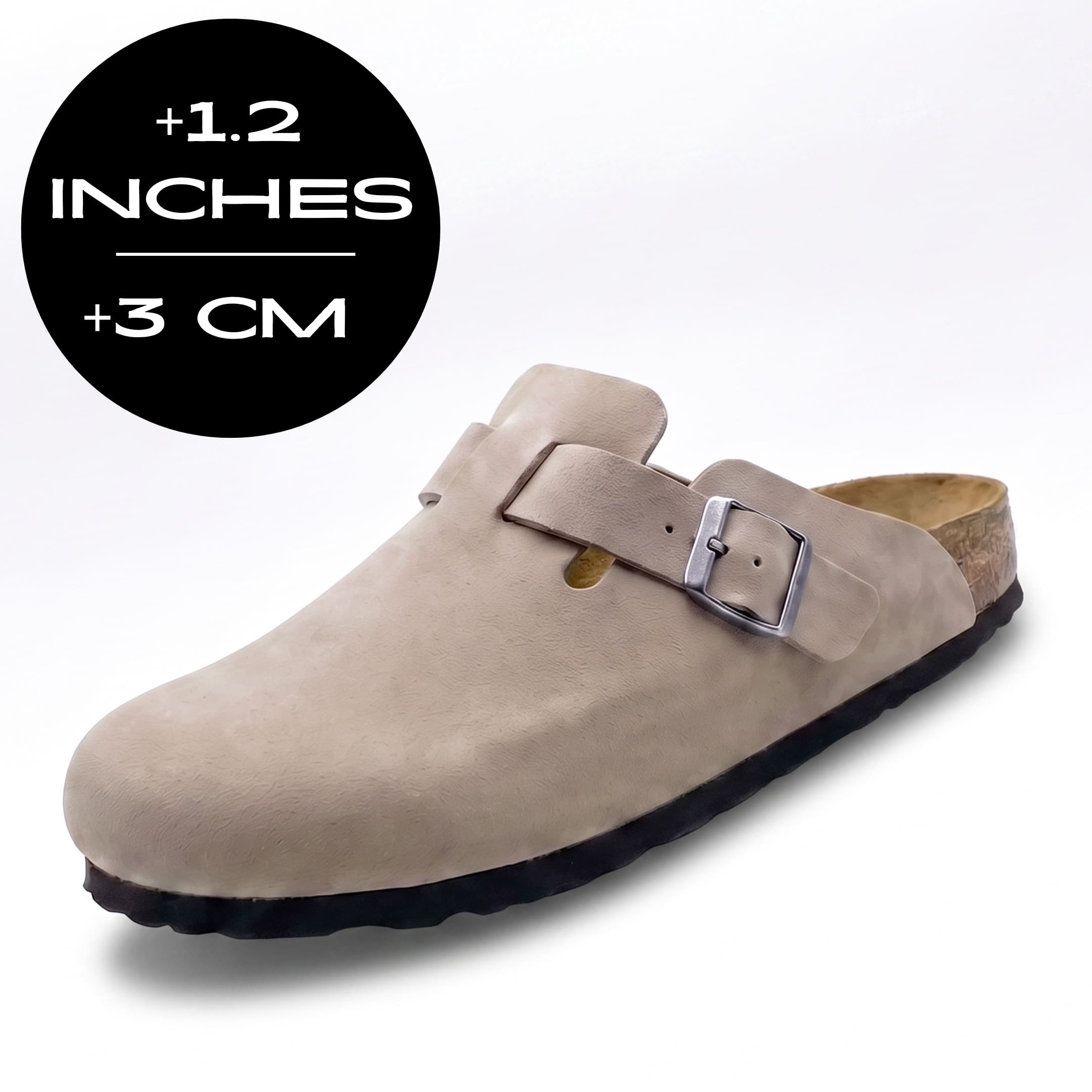 FORCIANO NOMAD Stone height increasing slipper with premium suede upper and buckle detail, shown with 3 cm / 1.2 inches height graphic.