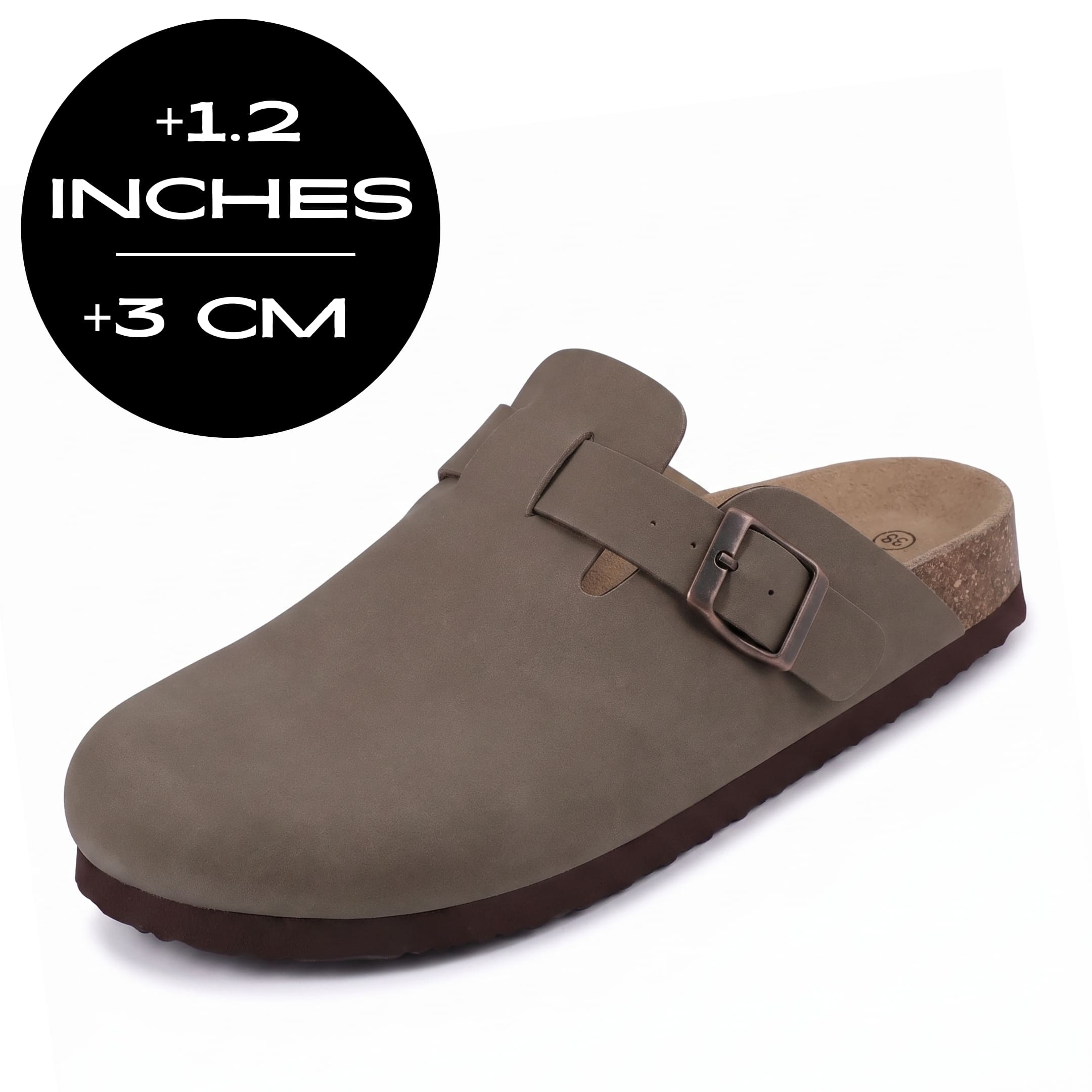 FORCIANO NOMAD Taupe Brown height increasing slippers with premium suede upper and buckle detail, presented from a front three-quarter view.