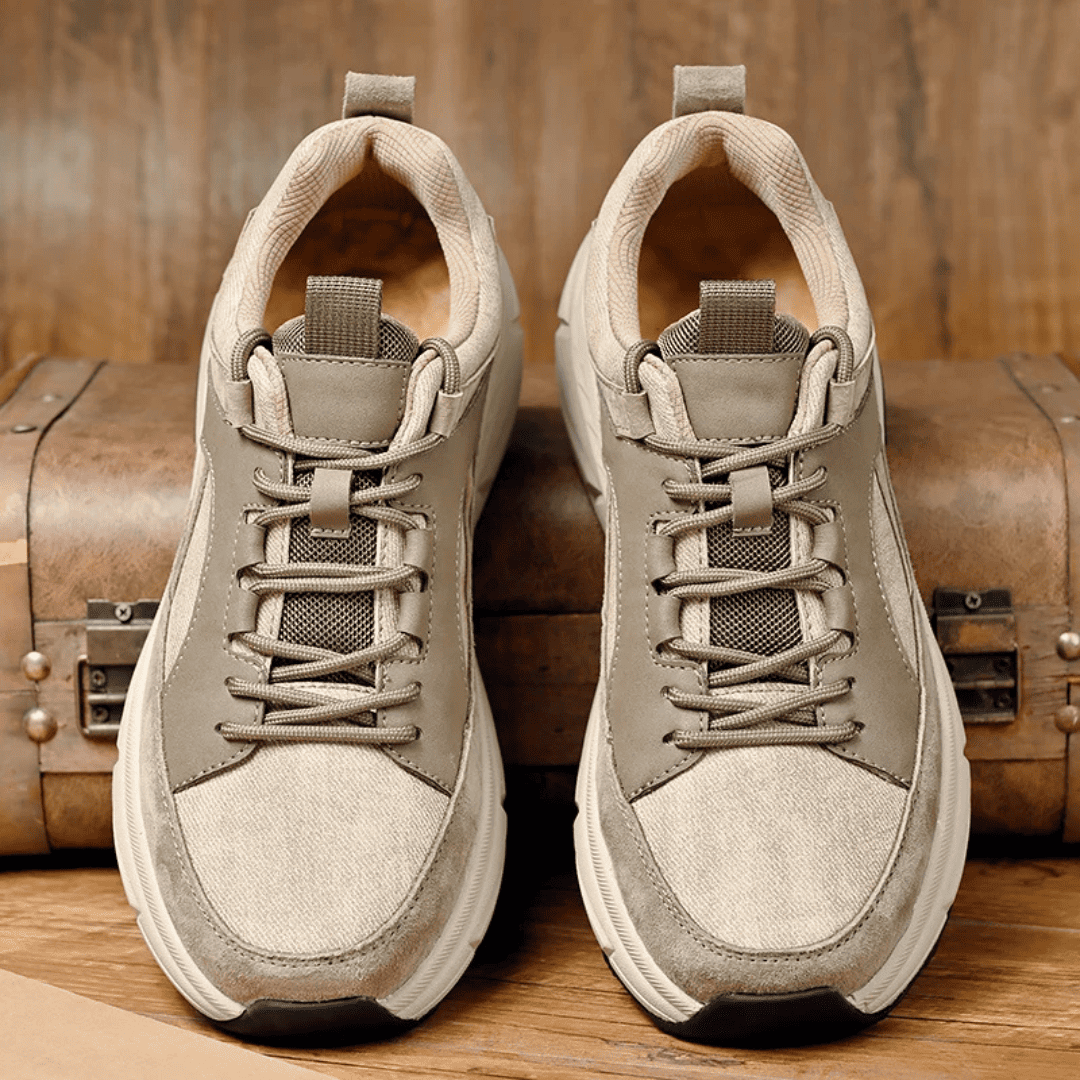 FORCIANO NORTHRIDGE beige height increasing sneakers displayed as a pair from a front and top view with lace-up detailing.