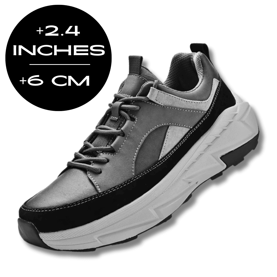 FORCIANO NORTHRIDGE gray and black height increasing sneakers shown from a front three-quarter angle with a 6 cm / 2.4 inches height graphic.
