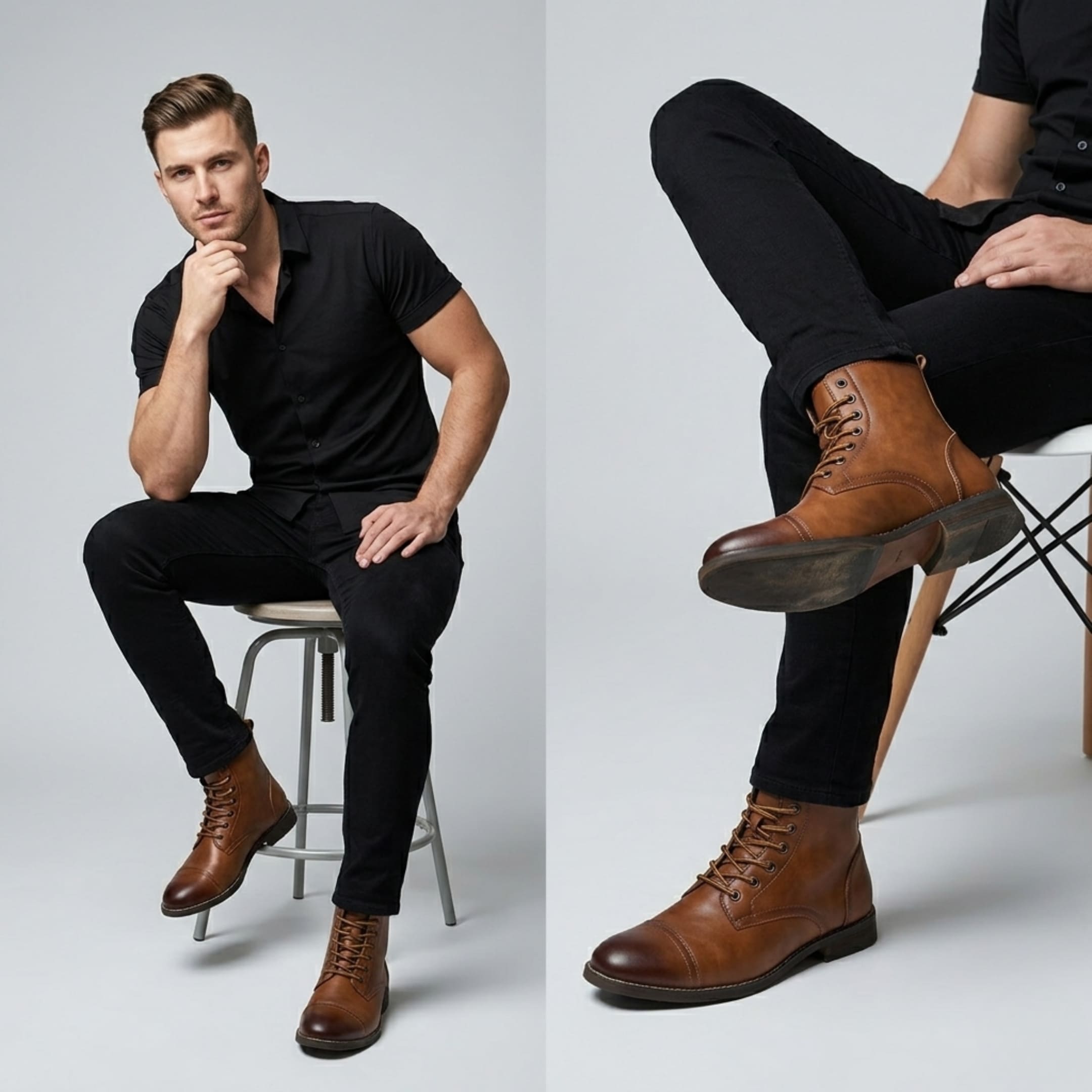 FORCIANO OUTLAW brown leather elevator boots worn with black trousers in a men's lifestyle setting, showing the lace-up cap-toe design.