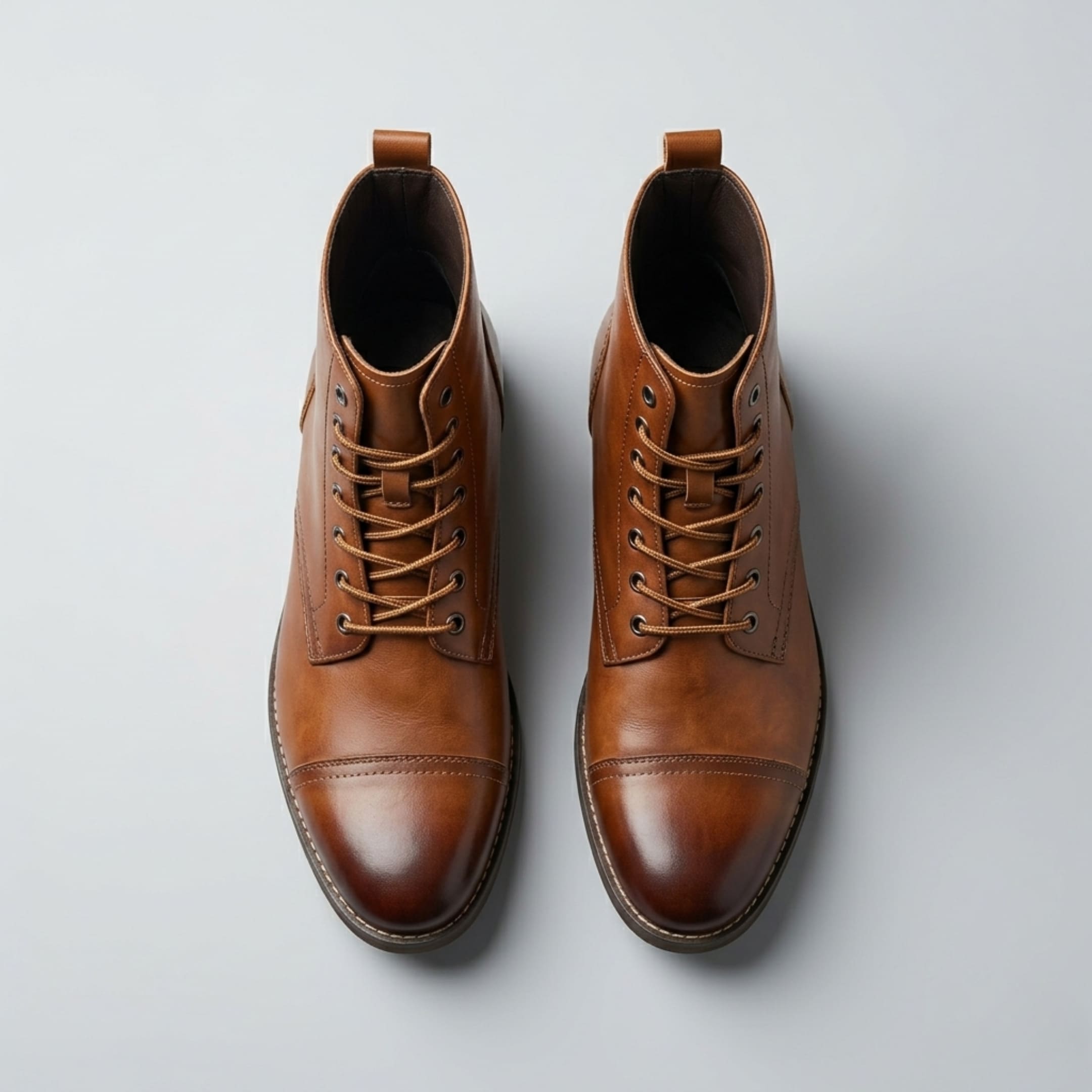 FORCIANO OUTLAW light brown leather height increasing boots shown from a top view with lace-up fronts and cap-toe detailing.
