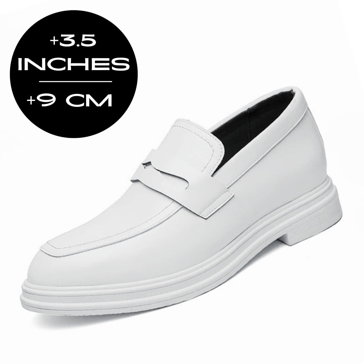 FORCIANO PANTHERA white leather elevator loafers shown as a single front three-quarter shoe with a 9 cm / 3.5 inches height graphic.