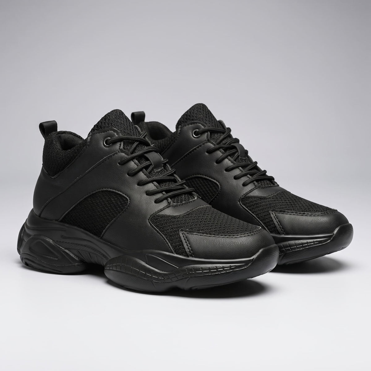 FORCIANO PEGASUS black height increasing sneakers displayed as a pair from a front three-quarter view.