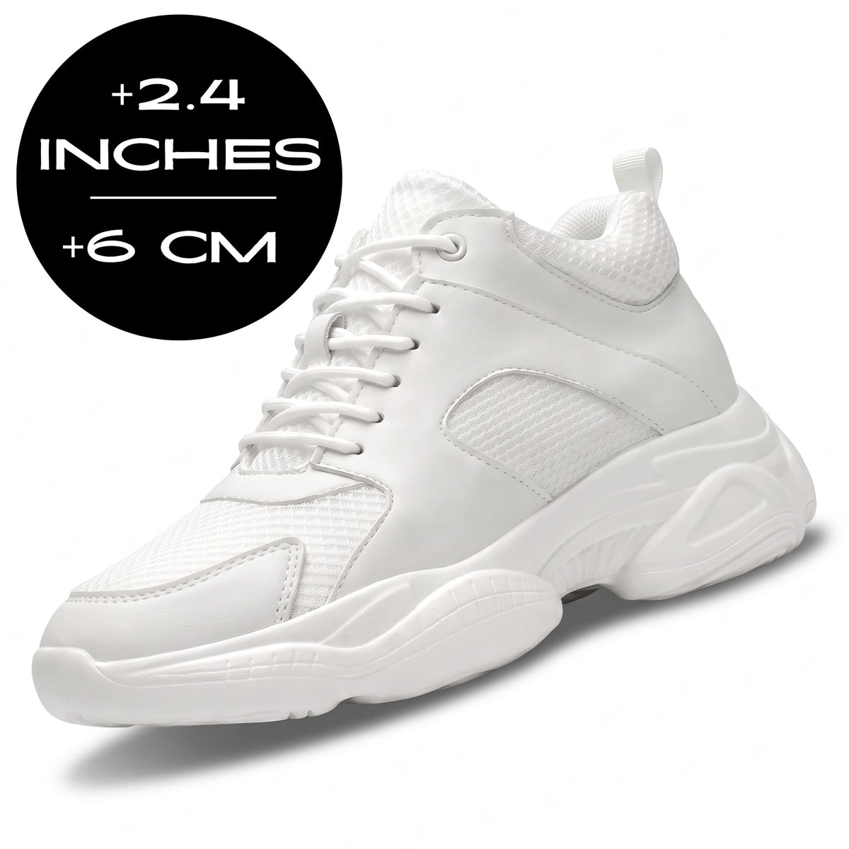 FORCIANO PEGASUS white height increasing sneakers shown with a 6 cm / 2.4" height increase graphic.