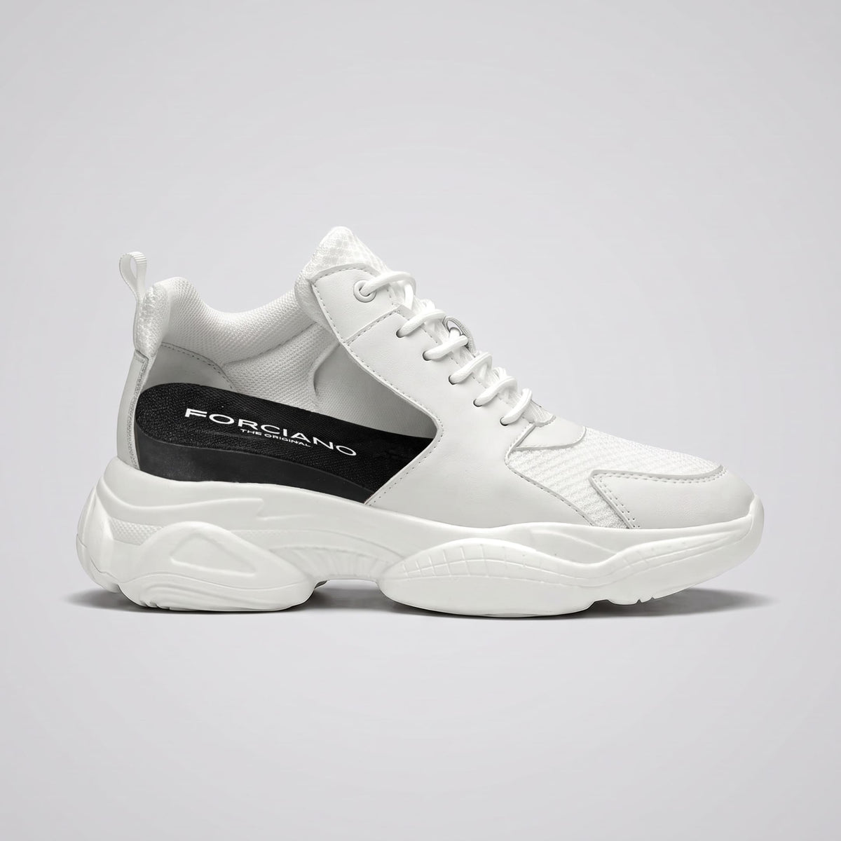 FORCIANO PEGASUS white height increasing sneakers shown in side cutaway view revealing the internal lift structure.