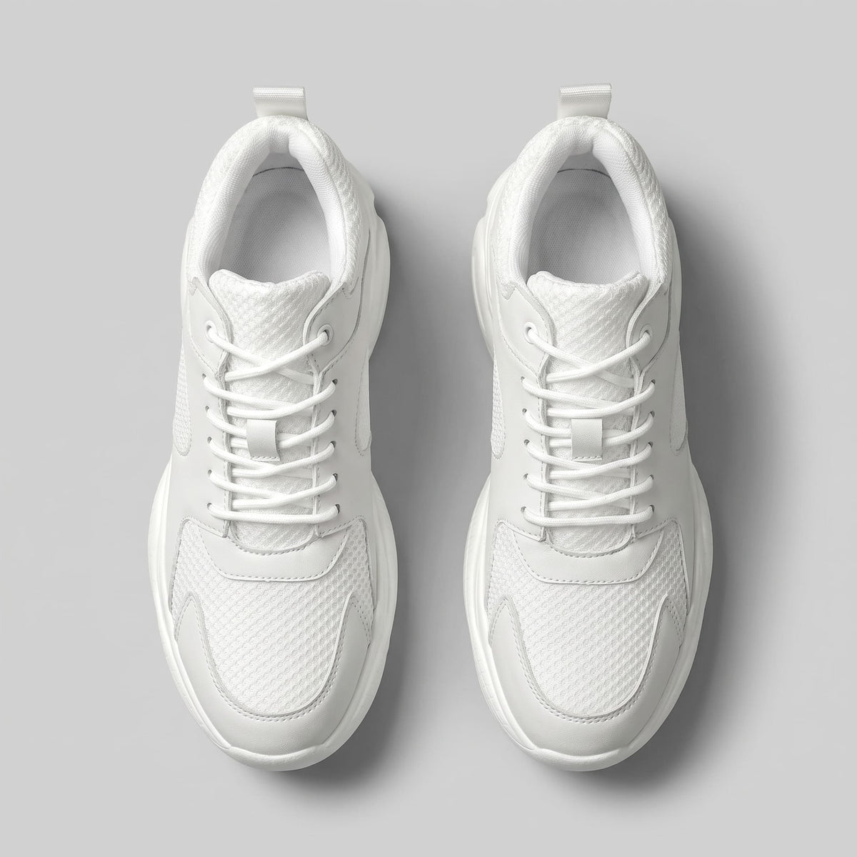FORCIANO PEGASUS white height increasing sneakers shown as a pair from the top with laces and mesh toe panels visible.