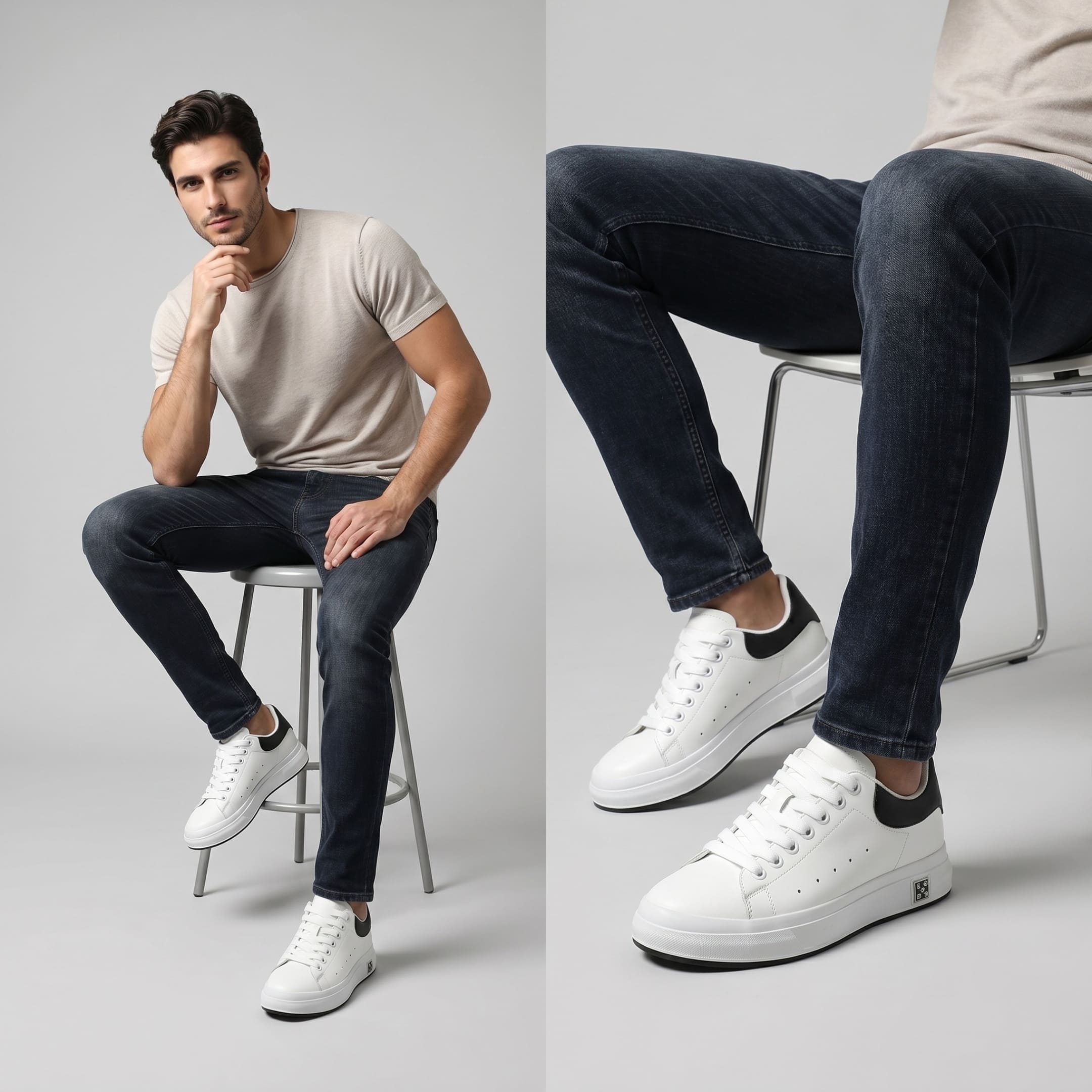FORCIANO PORTOFINO white Elevator Sneakers with premium leather uppers worn by a seated male model in a two-panel lifestyle view.