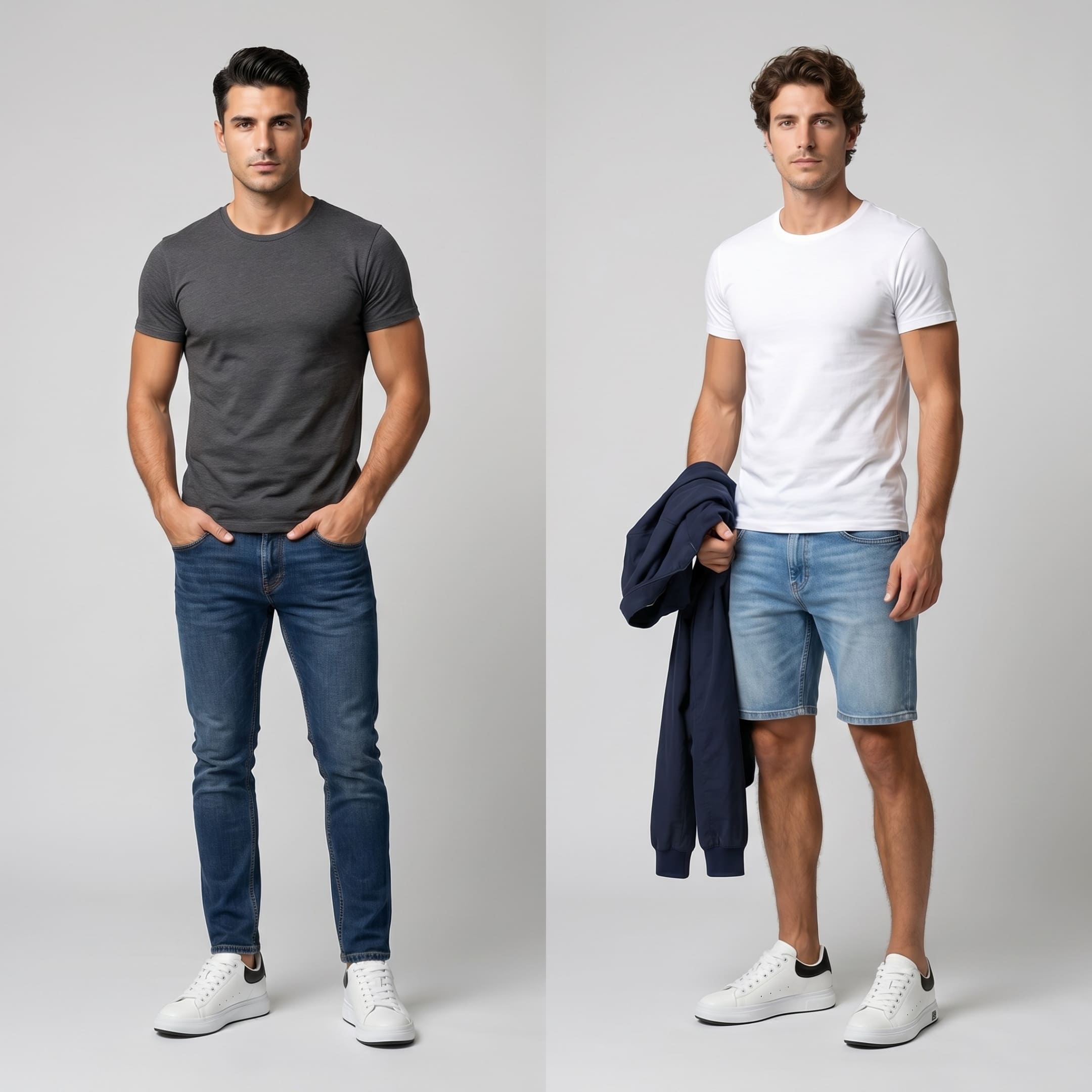 FORCIANO PORTOFINO white leather sneakers with black heel panels worn by two male models in casual full-body lifestyle views.