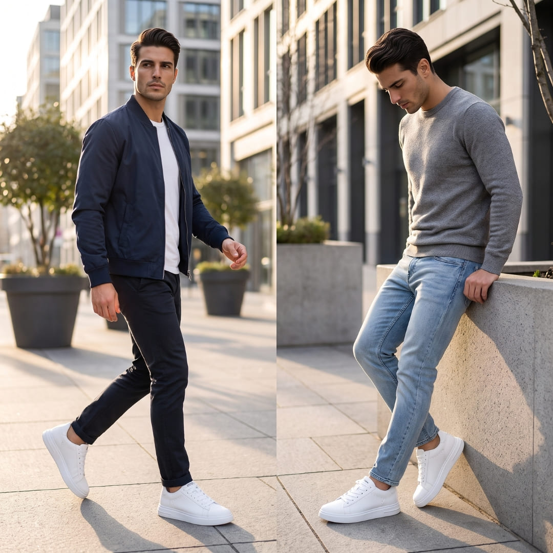 FORCIANO POSITANO white height increasing sneakers with premium leather upper worn in two casual city lifestyle views.