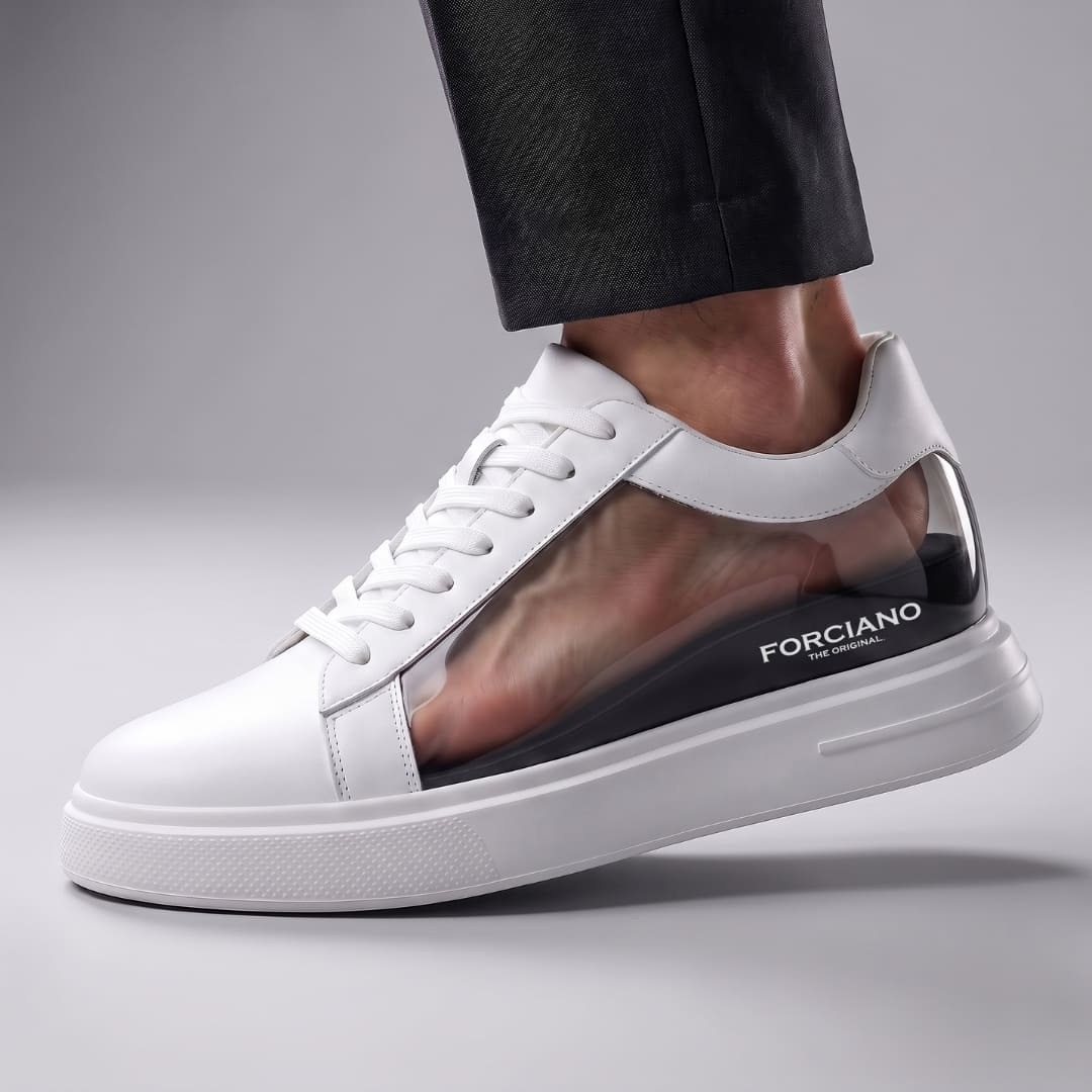 FORCIANO POSITANO white height increasing sneakers with premium leather upper, shown on foot in a side cutaway revealing the internal lift.