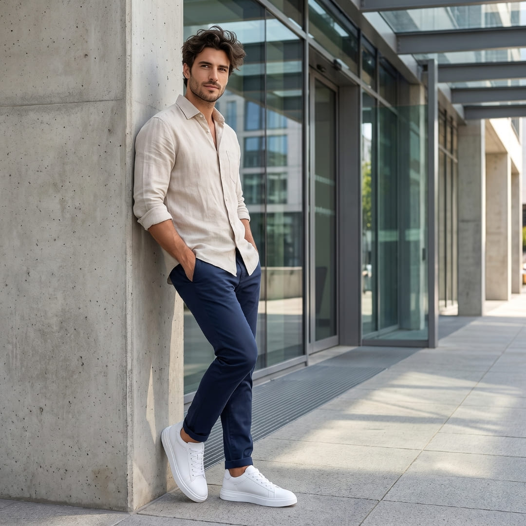 FORCIANO POSITANO white height increasing sneakers with premium leather upper worn by a model in an outdoor urban lifestyle setting.