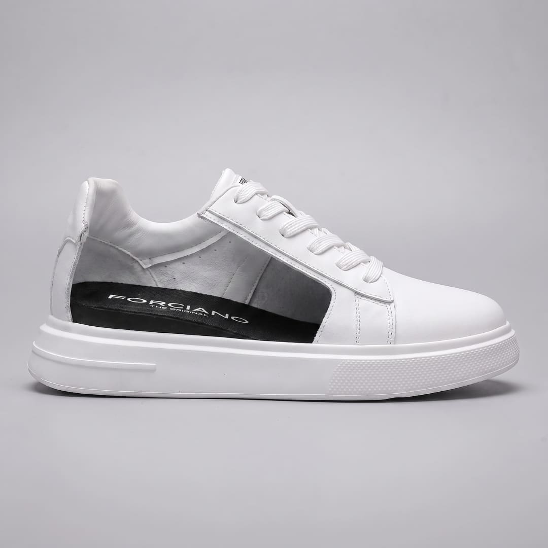 FORCIANO POSITANO white height increasing sneakers with premium leather upper, side cutaway showing the internal lift and FORCIANO insole.