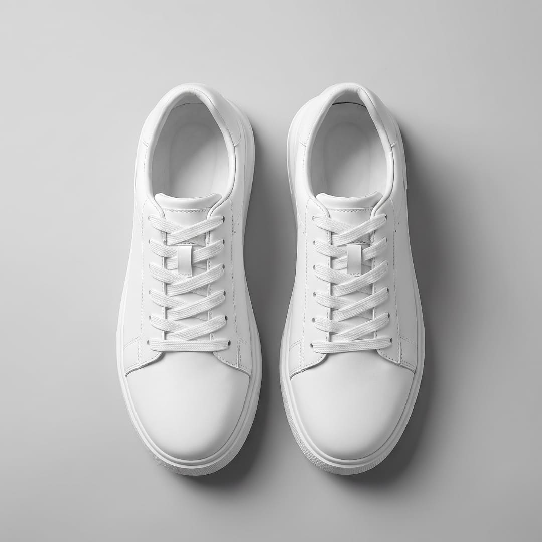 FORCIANO POSITANO white height increasing sneakers with premium leather uppers, shown as a pair from the top with white laces and white soles.